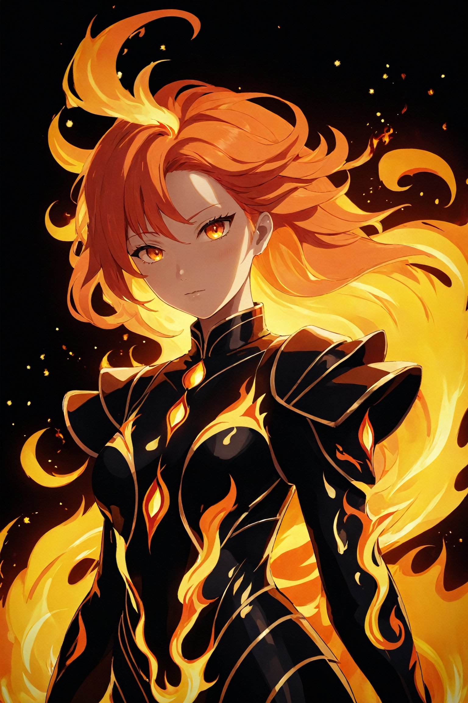 (best quality,8k,ultra detailed), (anime art illustration:1.3), (flat vector image:1.2), (mid-shot:1.3), (minimalistic:1.2), (simple cute diffuse female fire spirit creature:1.3), (woman made entirely of fire:1.3), (flaming hair:1.2), (creature sculpted by flames:1.3), (humanoid form made entirely of fire and not flesh and bones:1.3), (fire is her raw material, her constitution, and her being:1.3), (solid black background:1.2), (ultra sharp focus:1.3), (detailed face:1.2), (posing:1.2), (illuminated:1.2), (magic:1.3), (supernatural fire spirit:1.3), (flames:1.3), (sparkles:1.3), (mystical fire spirit:1.3).