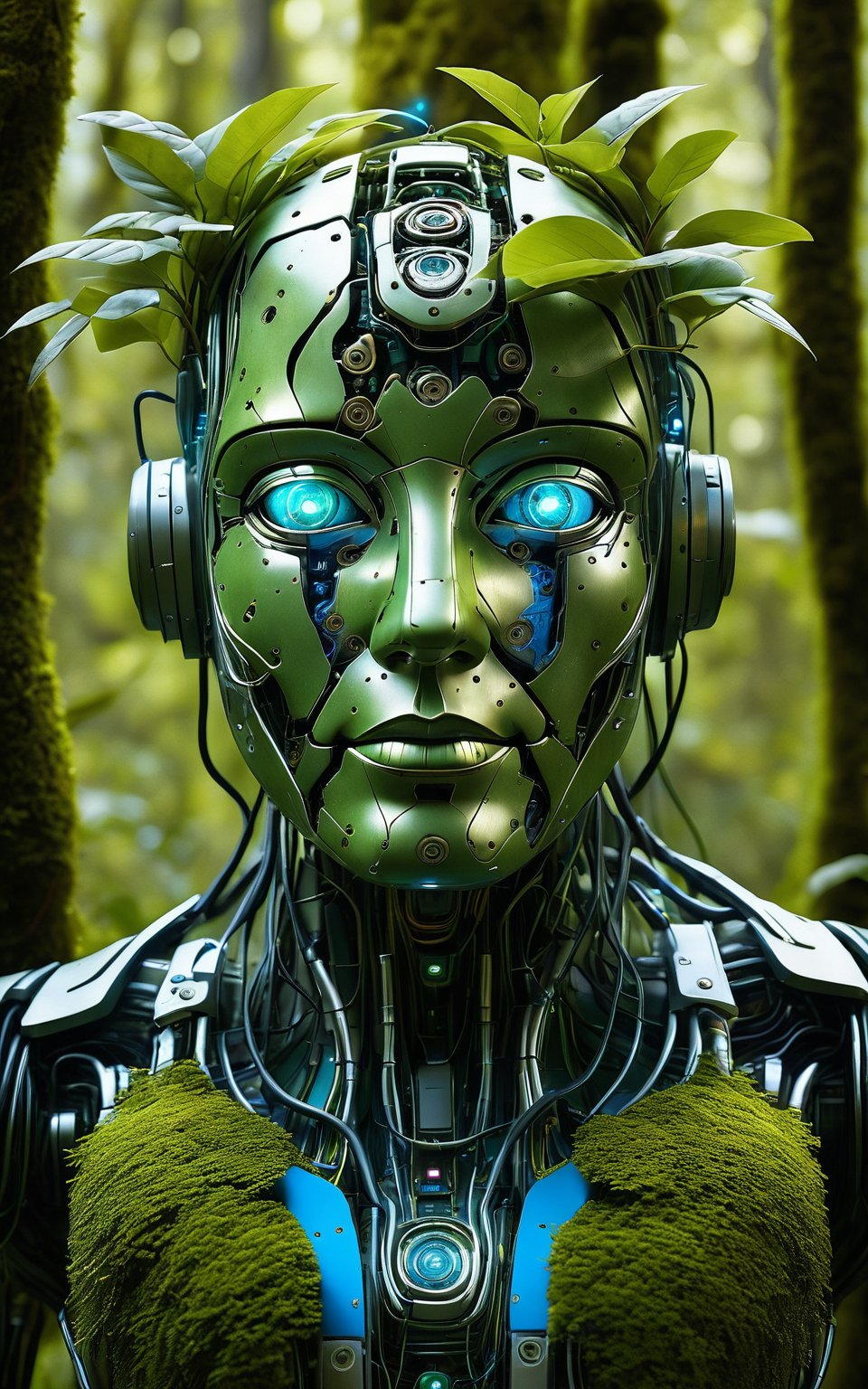 (ultra high detail, photorealistic, 8K, high-resolution, masterpiece), intricate biomechanical android head covered in green foliage and moss, glowing blue eyes, robotic face with detailed mechanical components, blending seamlessly with natural elements, surrounded by dense green leaves and branches, soft diffused lighting, futuristic yet natural atmosphere, cybernetic being in harmony with nature, high-definition textures, lush greenery, and intricate mechanical design