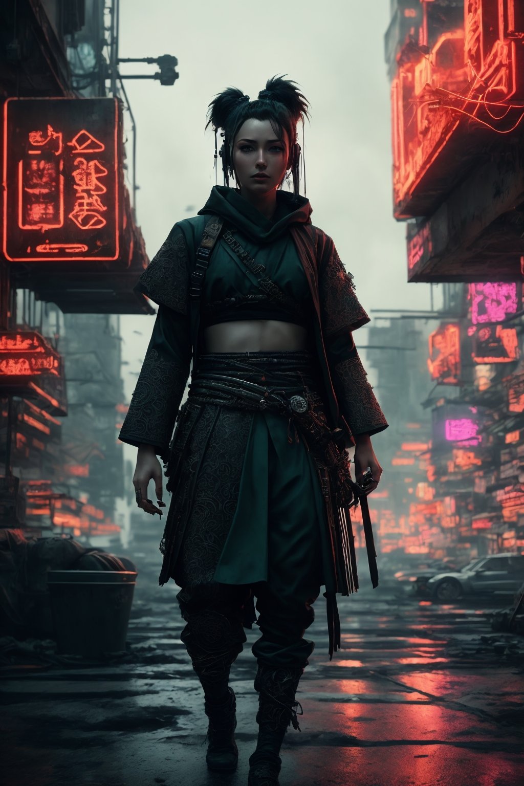 (best quality, photorealistic, very detailed, ultra-detailed), (rendered in Octane), An epic and dramatic glamour shot of a Cyberpunk samurai amidst the neon-lit cityscape, captured with morbid realism and dense atmospheric effects. The image features hyperornate details, with bokeh and particles adding an extra layer of intricacy. Photographed by Irakli Nadar and Reylia Slaby, it exudes an aura of eerie emptiness.