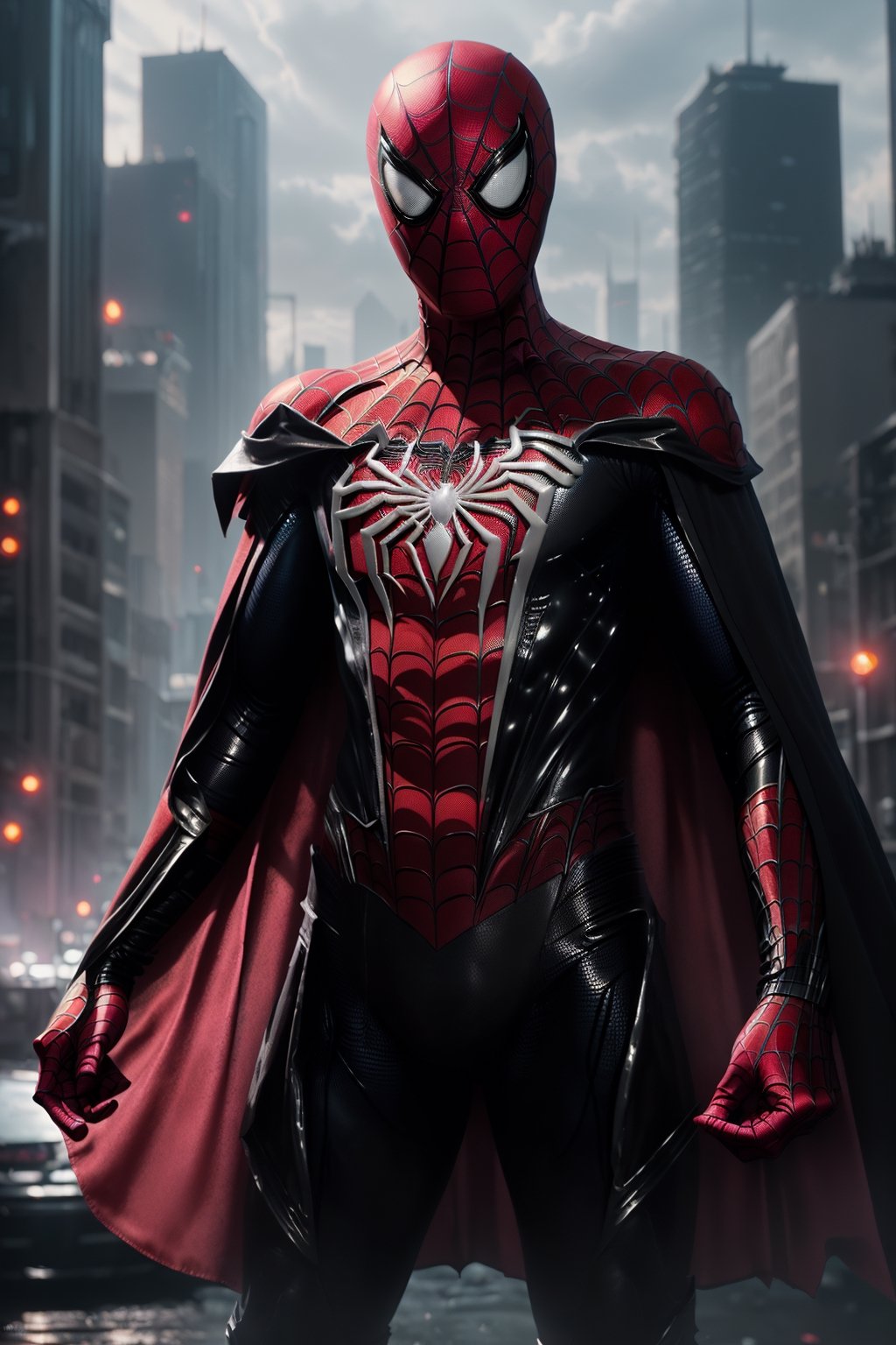 (Breathtaking 8K concept art), (Spiderman in a sleek Pink and Black armored suit, unmasked, with a flowing black cape:1.3), Against a detailed night cityscape, bathed in natural volumetric lighting, reminiscent of artistic visionaries like Greg Rutkowski, (A masterpiece trending on ArtStation:1.3).