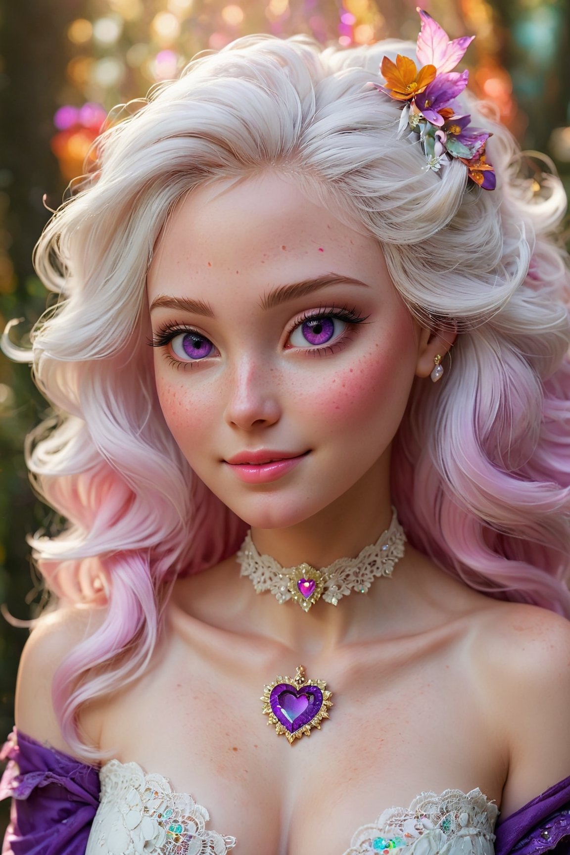(best quality,8K,highres,masterpiece), ultra-detailed, (fantasy creature, super colorful), featuring a mesmerizing being with heart-shaped pupils, ethereal white hair, and enchanting purple eyes. Their cheeks are adorned with a gentle blush (blush:1.1), and they wear a captivating choker around their elegant neck. The upper body of this fantastical creature is adorned with a shimmering crop top that radiates love and happiness. A cheerful smile graces their face as they emanate an aura of joy and enchantment. Their lace attire and surroundings are a dazzling tapestry of vibrant colors and bokeh, creating a dreamlike atmosphere. Freckles (freckles:0.8) adorn their natural skin texture, adding a touch of uniqueness to their portrait. The scene is an explosion of fantastical hues, making this creature a living embodiment of a vivid and magical world.