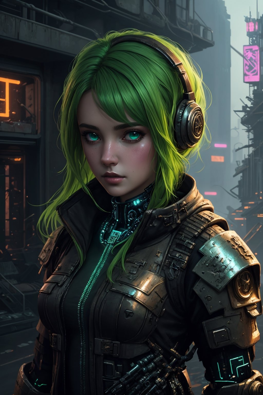 (best quality, 4K, highly detailed), (cyberpunk, D&D character), A cybernetic character from the world of D&D, adorned in a rusty metallic hunter armor with vivid green skin, seamlessly blending cyberpunk and fantasy elements. This trending ArtStation masterpiece, reminiscent of Greg Rutkowski, Loish, and Rhads, is a 4K pencil drawing with intricate details and an Unreal Engine twist.