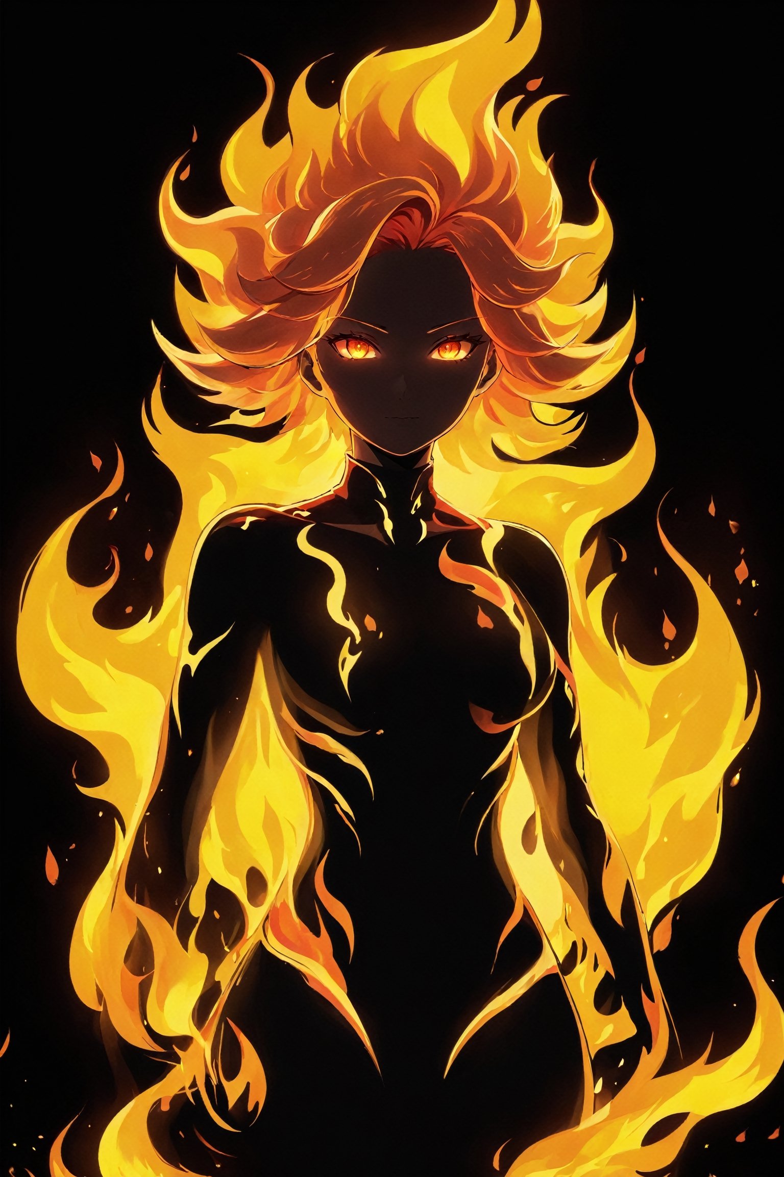 (best quality,8k,ultra detailed:1.5), (anime art illustration:1.4), (flat vector image:1.3), (mid-shot:1.3), (minimalistic:1.3), (simple cute diffuse female fire spirit creature:1.5), (woman made entirely of fire:1.4), (flaming hair:1.3), (creature sculpted by flames:1.4), (humanoid form made entirely of fire and not flesh and bones:1.4), (fire is her raw material, her constitution, and her being:1.5), (solid black background:1.2), (ultra sharp focus:1.4), (detailed face:1.4), (posing:1.3), (illuminated:1.3), (magic:1.4), (supernatural fire spirit:1.4), (flames:1.3), (sparkles:1.3), (mystical fire spirit:1.4).