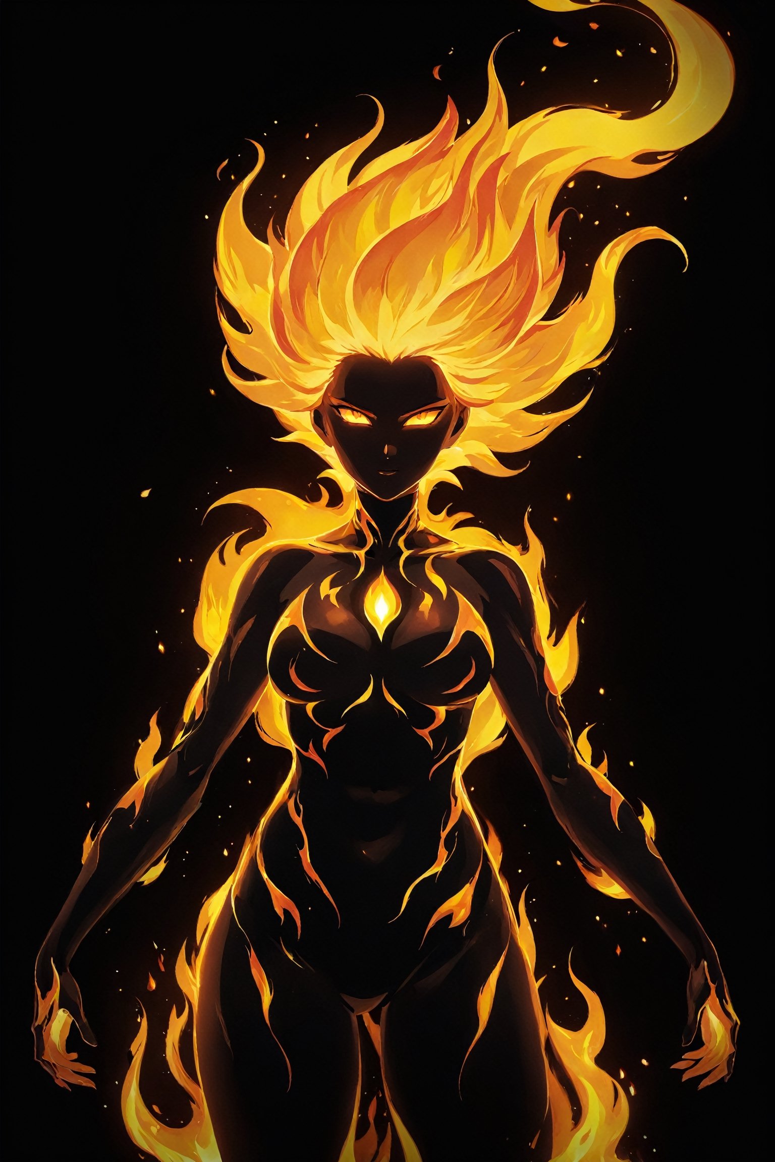 (best quality,8k,ultra detailed), (anime art illustration:1.3), (flat vector image:1.2), (mid-shot:1.3), (minimalistic:1.2), (simple cute diffuse female fire spirit creature:1.3), (woman made entirely of fire:1.3), (flaming hair:1.2), (creature sculpted by flames:1.3), (humanoid form made entirely of fire and not flesh and bones:1.3), (fire is her raw material, her constitution, and her being:1.3), (solid black background:1.2), (ultra sharp focus:1.3), (detailed face:1.2), (posing:1.2), (illuminated:1.2), (magic:1.3), (supernatural fire spirit:1.3), (flames:1.3), (sparkles:1.3), (mystical fire spirit:1.3).
