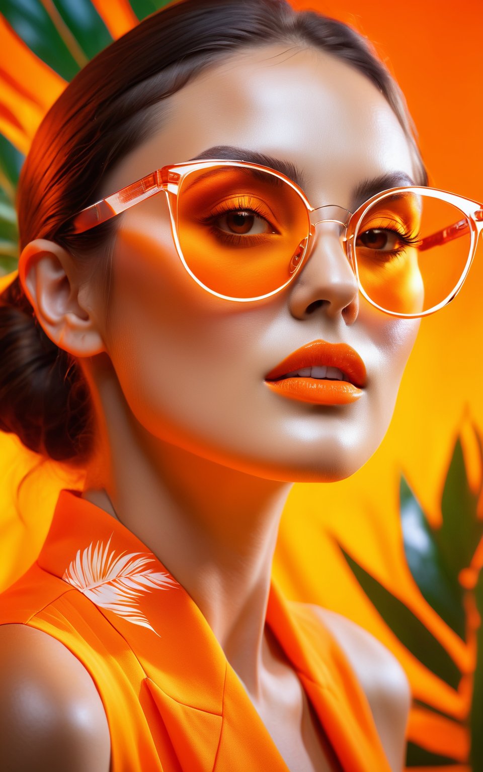 (best quality, 4K, 8K, high-resolution, masterpiece, ultra-detailed, photorealistic), double exposure effect, woman with glasses, vibrant orange background, tropical theme, surreal and artistic composition, glowing and reflective glasses, high contrast, dynamic lighting, ethereal ambiance.