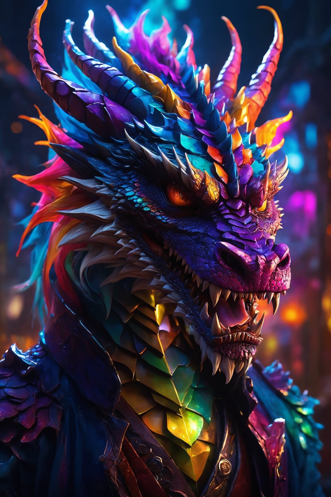 AiArtV, Dragon, (best quality, 8K, highres, masterpiece), ultra-detailed, (photorealistic, cinematic), illustration painting of a luminous and enchanting bad guy undead/human-like creature with vibrant and dynamic anime-style colors. The creature, with dark, colorful hair, strikes a dynamic pose in a brilliantly lit fantasy realm environment filled with a kaleidoscope of colors. The mid-shot composition and rule of thirds depth of field emphasize intricate details, creating a fantastical realm that bursts with subtle and vibrant colors. The use of light particles enhances the scene's grandeur and awe, making it a stunning visual masterpiece in a double-exposure style. The strong outlines contribute to the scene's cinematic feel, creating a super colorful and visually captivating narrative