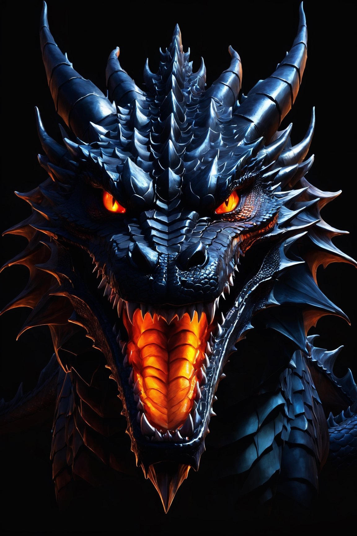 AiArtV, Dragon, solo,looking at viewer,open mouth,simple background,teeth,orange eyes,no humans,glowing,fangs,black background