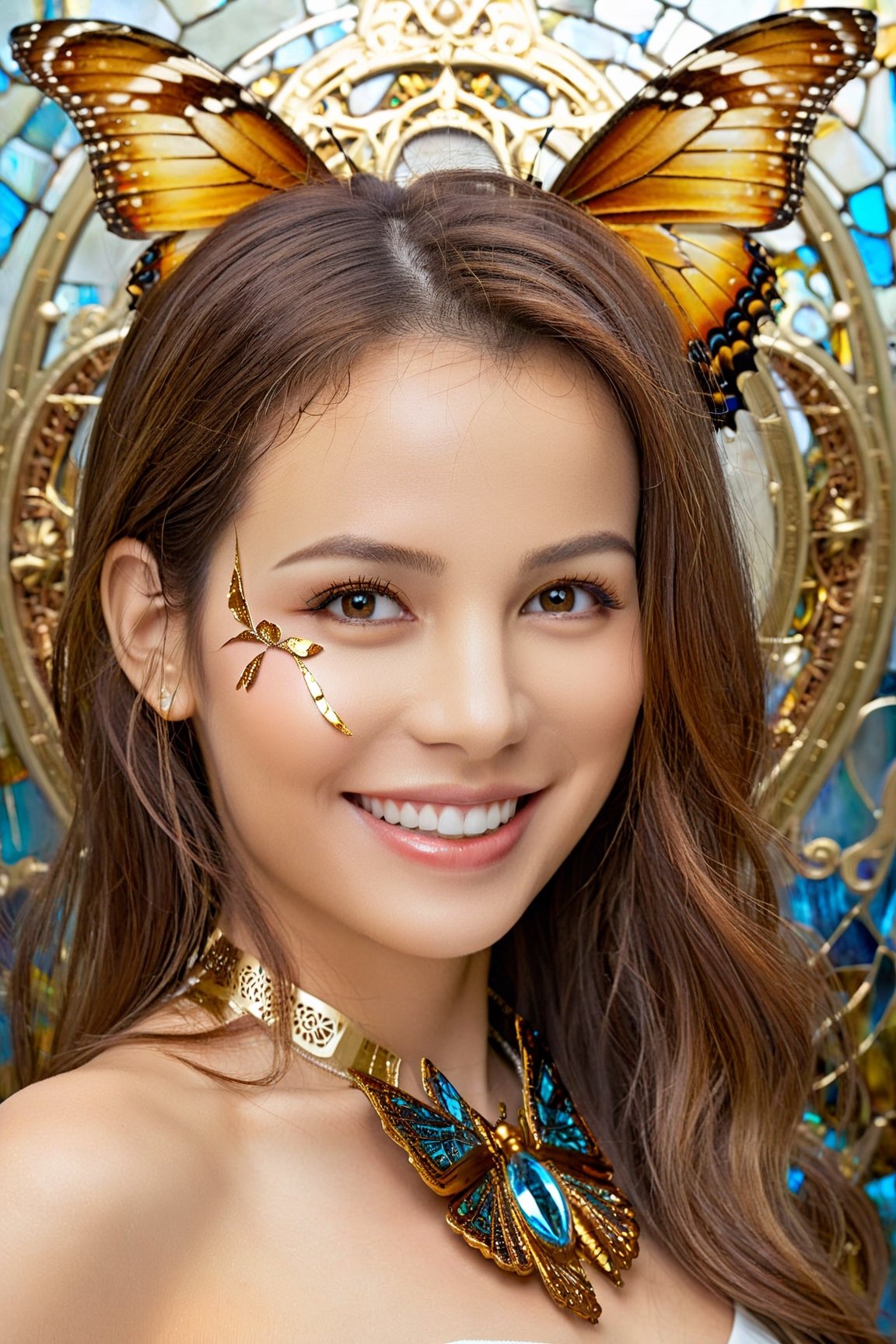 (highly detailed, elegant) portrait that seamlessly combines elements of digital photography and surreal painting. The subject is a beautiful cyborg with (intricate, majestic) features and brown hair. cute smile, Her cybernetic enhancements are adorned with a (golden butterfly filigree) that adds an element of mystique. The scene is set against a backdrop of (broken glass), creating a unique and captivating blend of beauty and surrealism