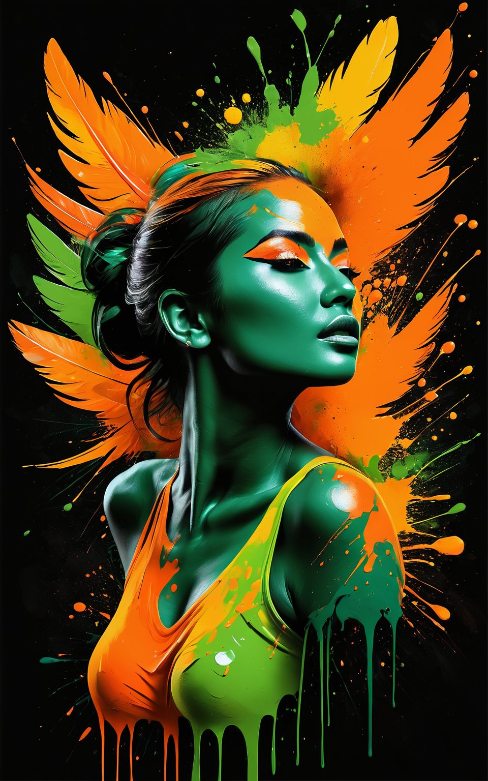 (Artistic bird illustration, high resolution, painted style, colored paint splatters), a [woman] depicted in a painted style with dynamic and vibrant paint splatters. The main colors are [orange] and [green], set against a [black] background. The artwork captures the lively essence of the [woman] through the use of bold paint splatters, creating a visually striking and energetic composition.