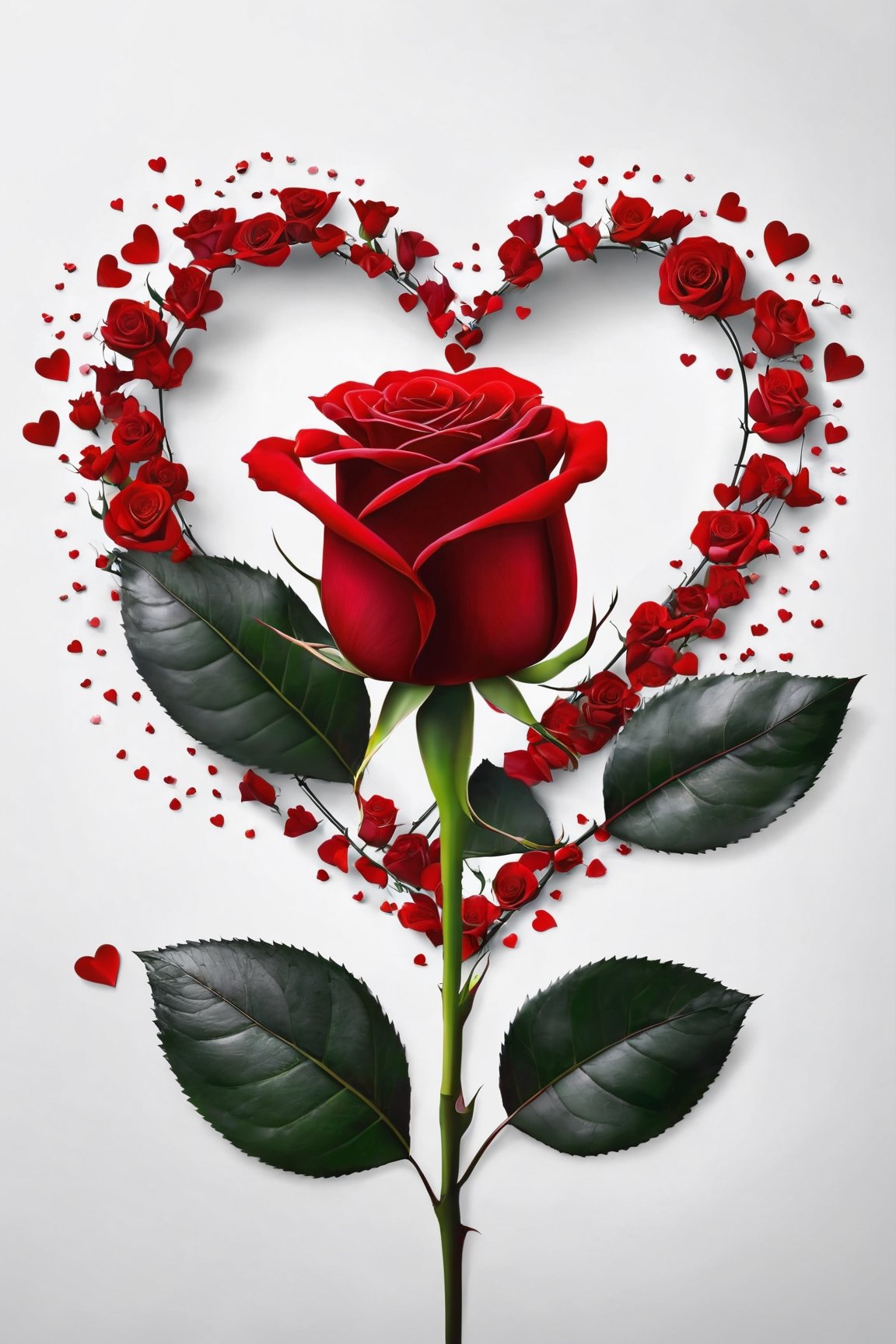 (best quality,8K,highres,masterpiece), ultra-detailed, capturing the essence of Valentine's Day through the symbolism of a single red rose. This artwork focuses on the beauty and complexity of love, represented by the vivid red flower, its delicate petals unfurling around a heart shape. The rose, set against a minimalist backdrop, stands out with its rich color and intricate details, from the soft texture of its petals to the sharp contrast of its thorns, symbolizing the beauty and challenges of love. The plant is not just a flower but a powerful emblem of passion and romance, making it a perfect tribute to Valentine's Day without the need for human figures, emphasizing the universal language of flowers in expressing deep emotions.