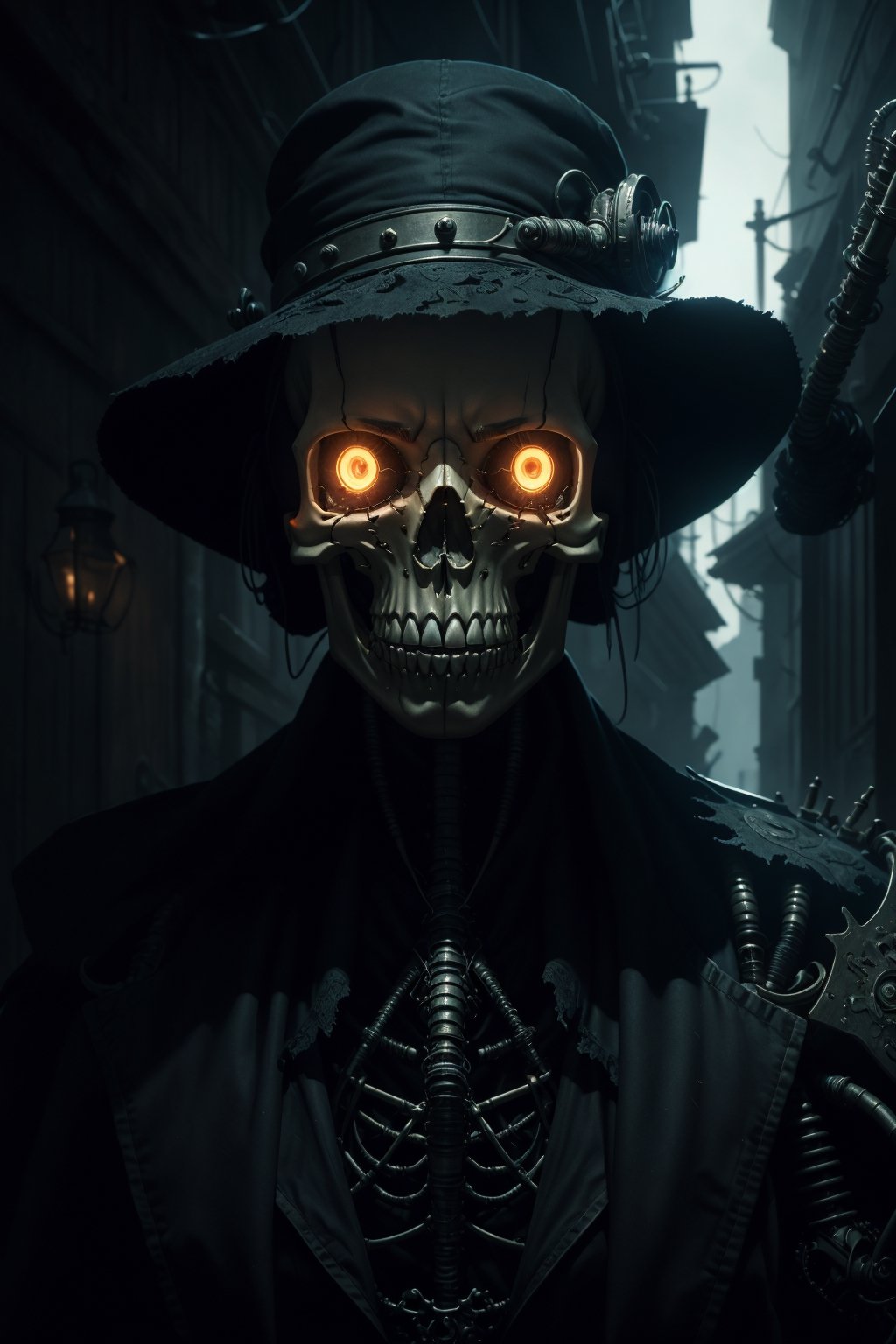 (Very detailed 8K wallpaper), A masterfully detailed portrait of a sinister necromancer, their face shrouded in darkness, a cyborg skeleton companion lurking ominously in the shadows. The artwork is rendered in a highly detailed and dramatic steampunk fantasy style, featuring a retro-futuristic female robot with intricate design elements.