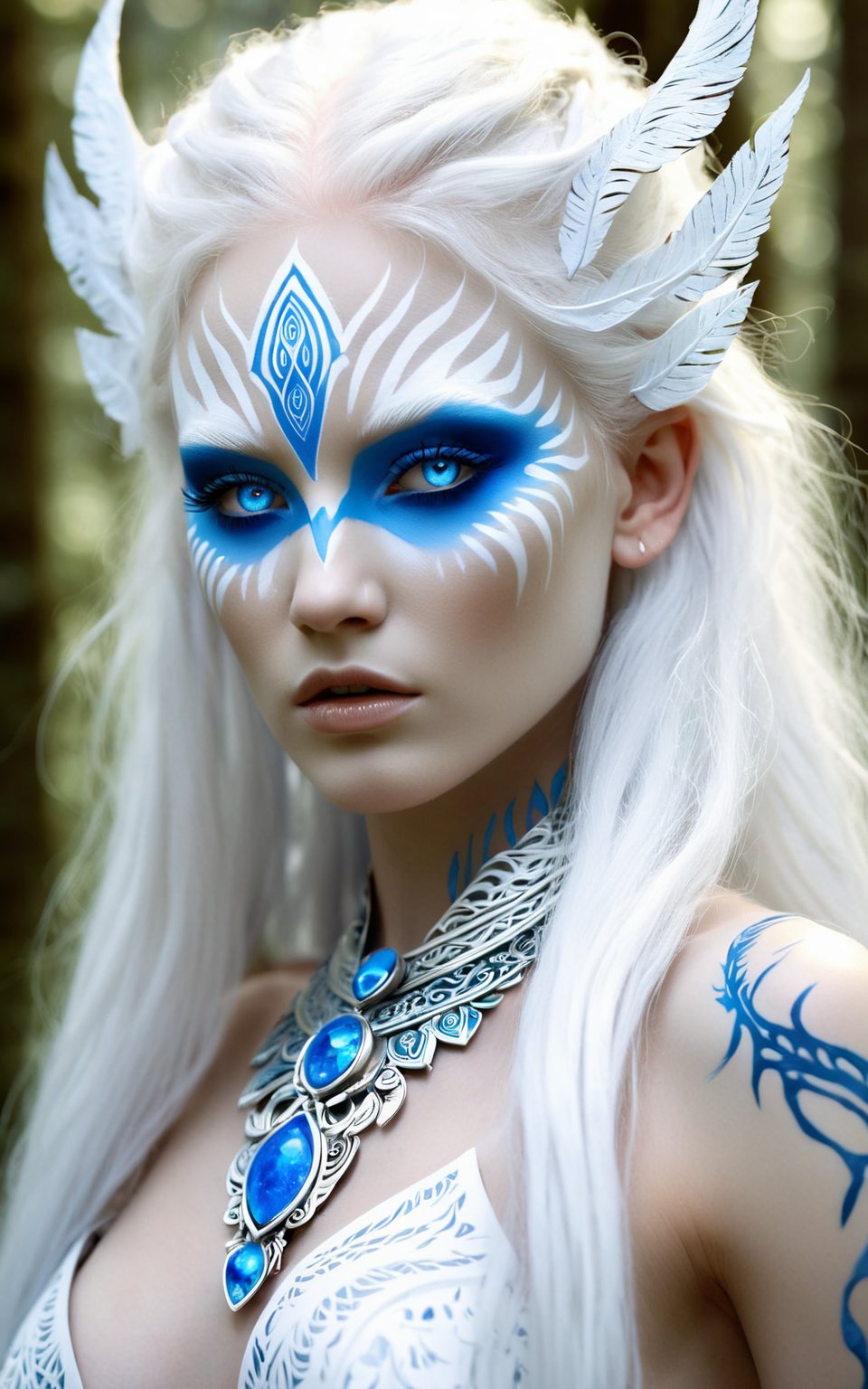 (best quality, 8K, highly detailed, ultra-detailed, masterpiece, beautiful), (fantasy, female, forest, mystical, ethereal), an albino woman with long, flowing silver hair and striking bright blue eyes. She has intricate blue and white face paint with tribal designs. She is adorned with blue and silver jewelry, including earrings and a necklace. The background features a forest with soft, dappled sunlight filtering through the trees, adding to the mystical and ethereal atmosphere.
