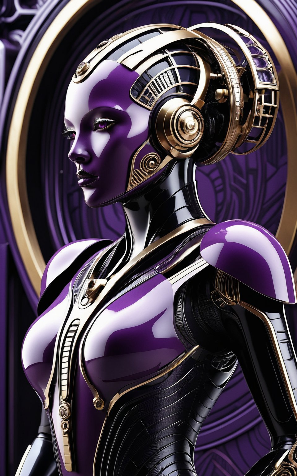 A hyper-realistic and hyper-detailed image of a biomechanical humanoid in a sci-fi setting. The design is in the style of modern Art Deco, featuring elegant luxury elements. The primary colors are purple and black, creating a striking contrast. The overall look is sophisticated and refined, embodying the elegance and opulence of Art Deco while incorporating futuristic biomechanical aspects. (hyper-realistic, hyper-detailed, sci-fi, modern Art Deco, elegant luxury, purple and black)
