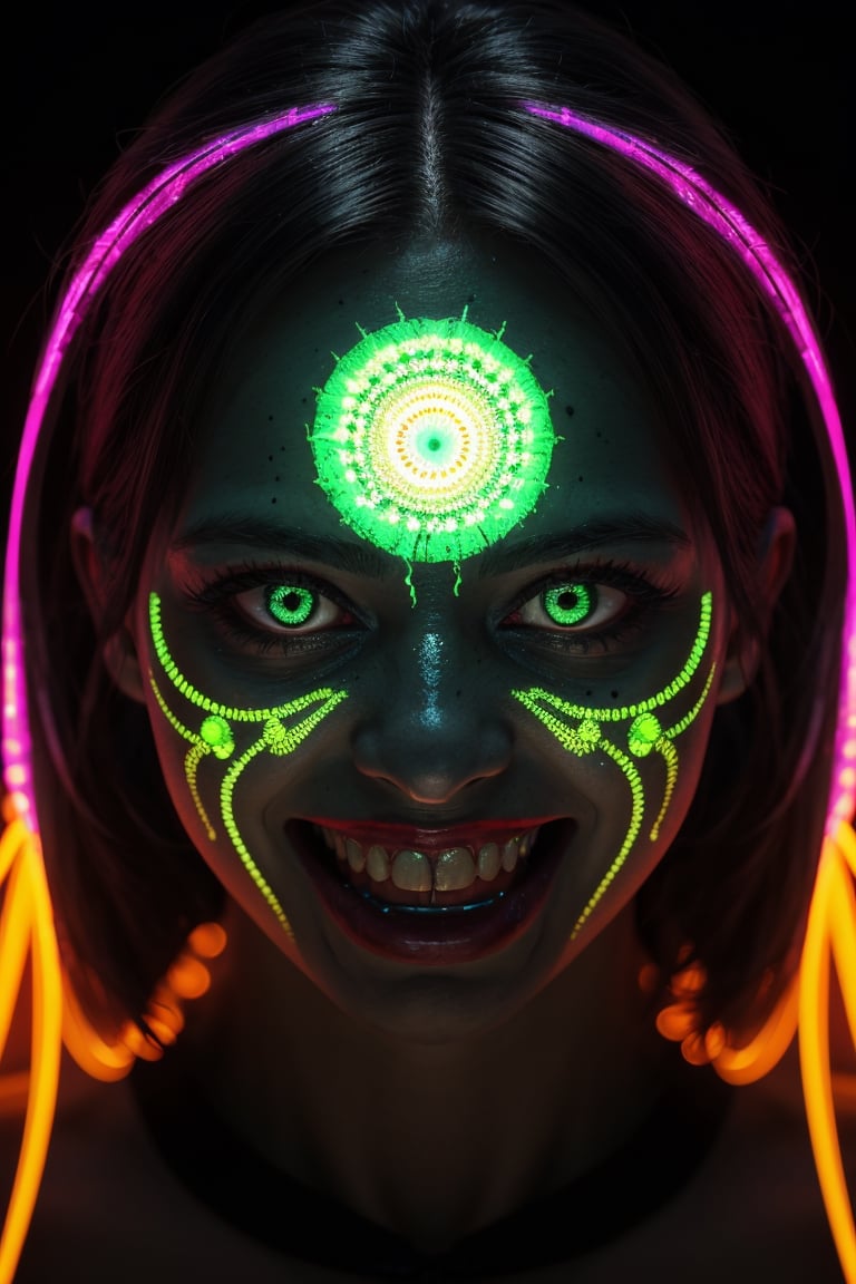 best quality, 8k, ultra-detailed, realistic:1.37, vibrant colors, vivid shading, breathtaking portrait of an alien shapeshifter entity, mesmerizing eyes, intricate facial details, otherworldly skin texture, insane smile, unnerving and intricate complexity, surreal horror atmosphere, dark shadows, inverted neon rainbow drip paint, ethereal glow, hypnotic energy, transcendent beauty, mystical aura, octane render