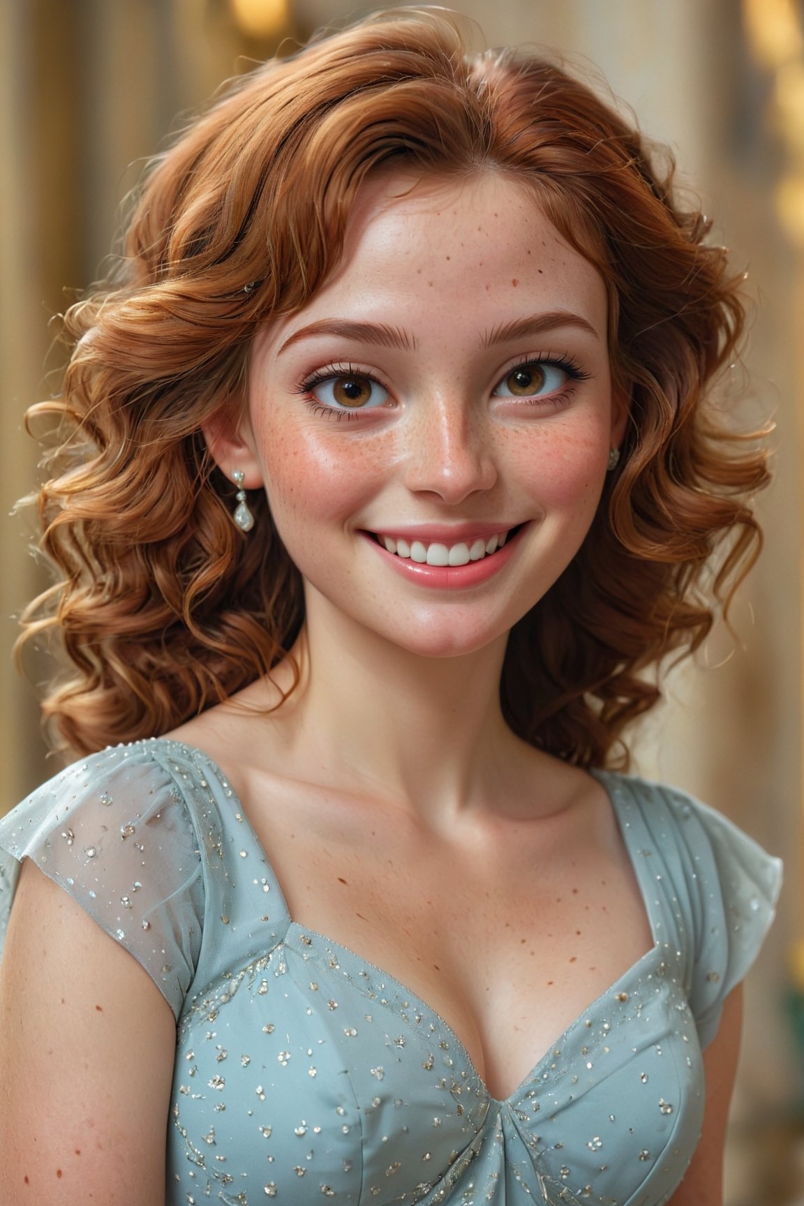 (best quality,4k,8k,highres,masterpiece:1.2),ultra-detailed,(realistic,photorealistic,photo-realistic:1.37),beautiful smile,smiling face,detailed eyes,detailed lips,delicate nose,freckles,soft skin,brown wavy hair,elegant posture,feminine charm,graceful dress,fine details,gorgeous background,vibrant colors,subtle lighting,portraits