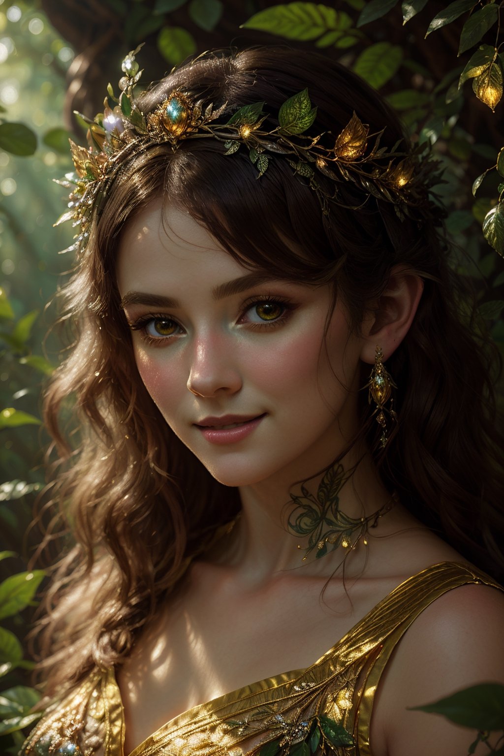 High quality, masterpiece, 8K, portrait, elven queen in a lush forest, shimmering golden gown, jeweled tiara, enigmatic smile, surrounded by ethereal glowing fauna, (magic-infused:1.4), vivid colors, intricate foliage patterns, chiaroscuro lighting, (Pre-Raphaelite art style:1.2)