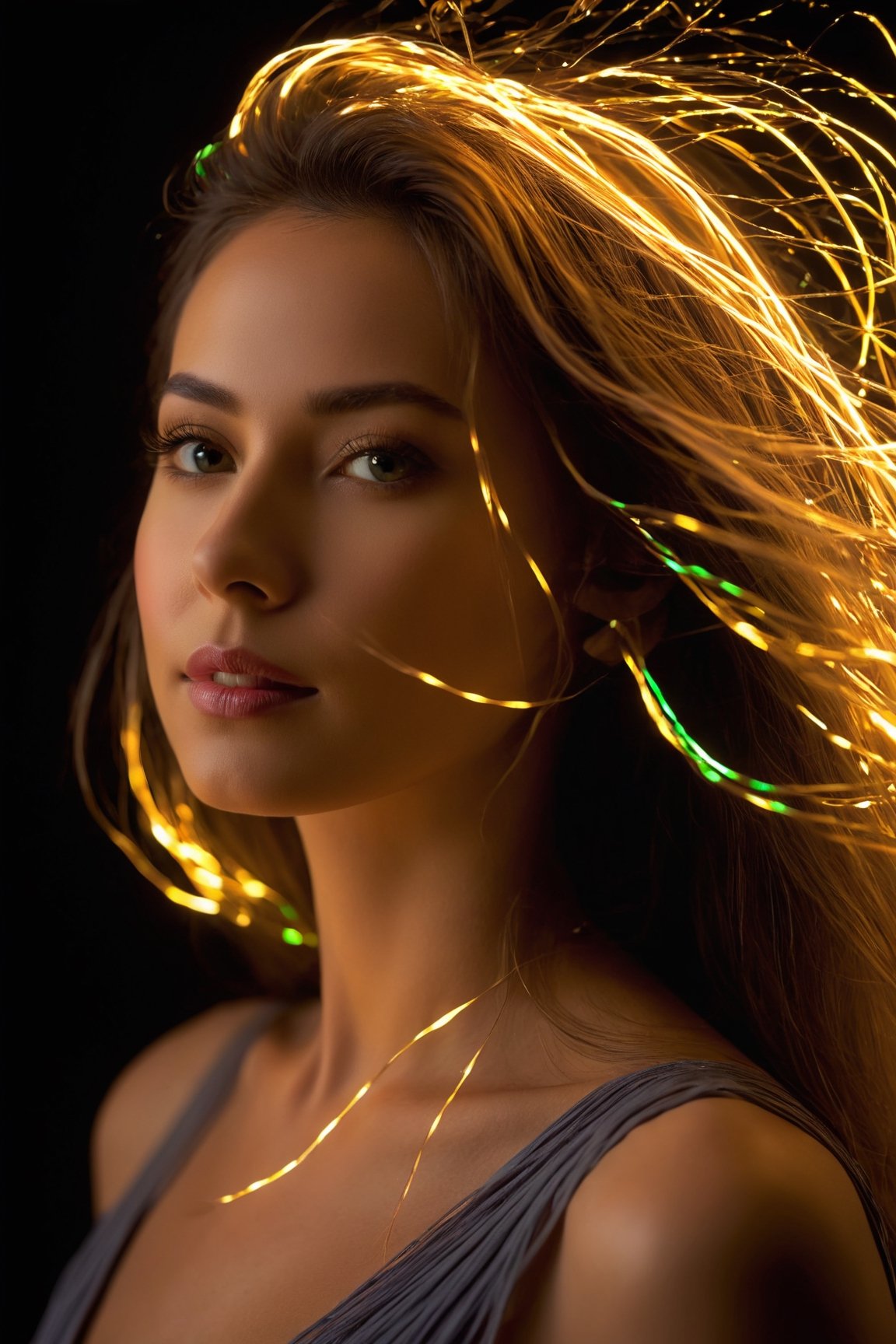 best quality, 4k, 8k, highres, masterpiece:1.2), ultra-detailed, (realistic, photorealistic, photo-realistic:1.37), Luminogram portrait with fiber optic light painting, Light field photography, Light painting, Light tracing, portraits, bokeh, studio lighting, physically-based rendering, vivid colors, sharp focus, reverse vignette, ethereal glow, colorful, delicate details, soft shadows, luminescent strands, subtle highlights, ambient incandescent light, fantastical atmosphere, glowing figures, unconventional light sources, contrasting hues, fiber optic brushstrokes, hypnotic patterns, trail of lights, playful illumination
