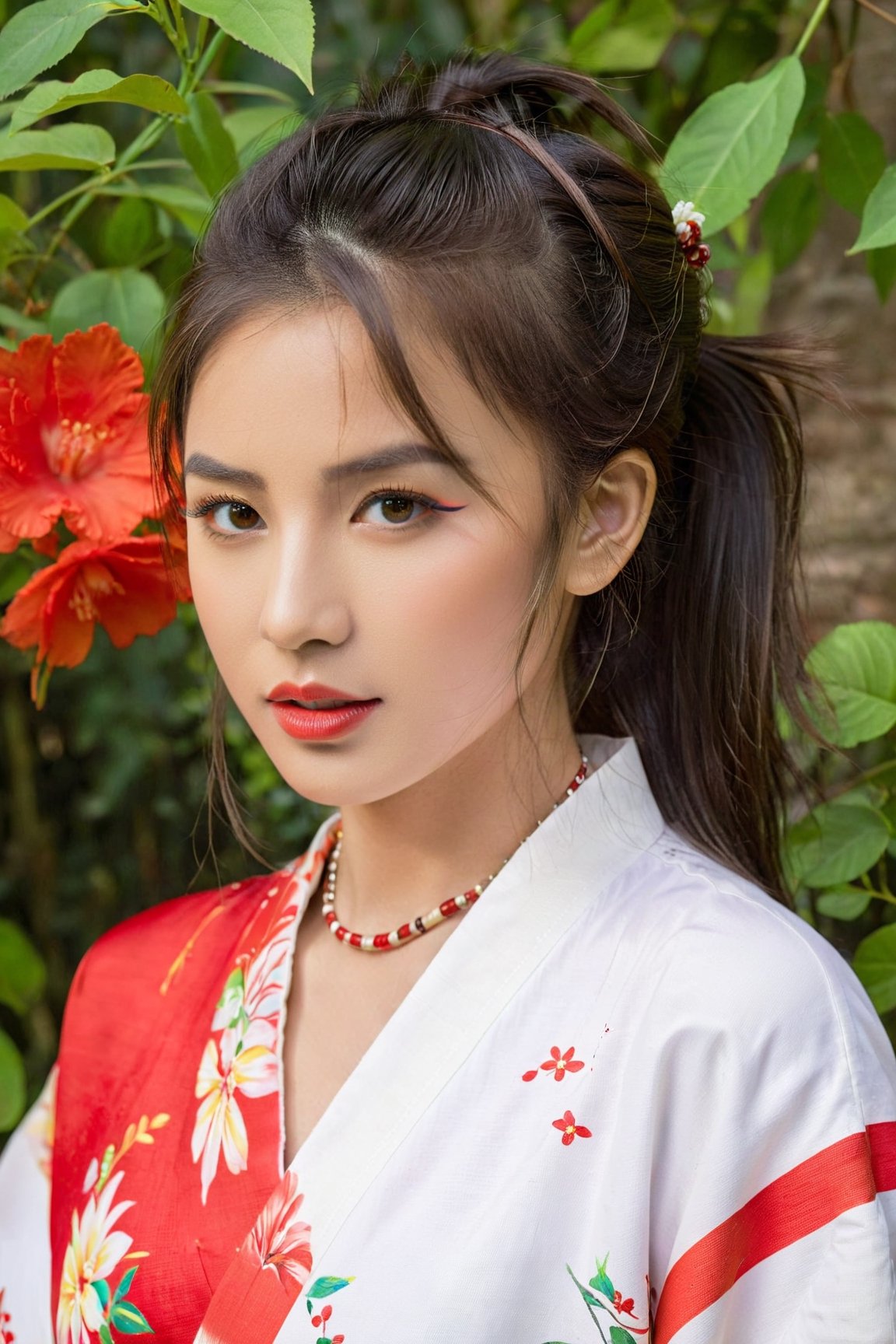 1girl, beautiful detailed eyes, beautiful detailed lips, extremely detailed eyebrows and face, long eyelashes, stripe bead necklace, black hair styled in a spiked ponytail, wearing a simple kimono with red open clothes. The artwork is created using oil paint on canvas, with high resolution and ultra-detailed brushstrokes. The painting showcases a picturesque garden scene with vibrant colors and vivid flowers in full bloom. The girl is depicted standing gracefully amidst the floral landscape, her posture conveying a sense of tranquility and elegance. The lighting in the painting is soft and ethereal, casting gentle shadows on the girl's face and adding depth to the overall composition. The color palette is dominated by various shades of red, creating a warm and inviting atmosphere. The art style blends elements of traditional Japanese art with a touch of contemporary flair, resulting in a captivating fusion of East-meets-West aesthetics