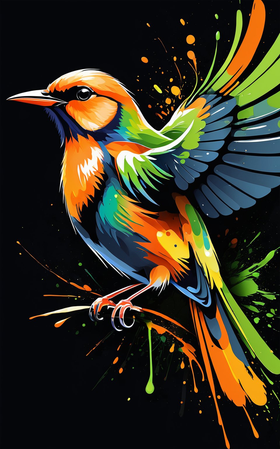 (Artistic bird illustration, high resolution, painted style, colored paint splatters), a [bird] depicted in a painted style with dynamic and vibrant paint splatters. The main colors are [orange] and [green], set against a [black] background. The artwork captures the lively essence of the [bird] through the use of bold paint splatters, creating a visually striking and energetic composition.