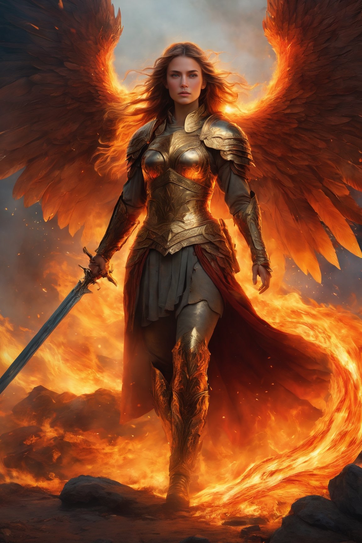 A (high-quality, 8K, masterpiece) portrait of a fierce warrior princess standing tall on a desolate battlefield. She wears battle-scarred armor that tells the story of countless battles, and her commanding gaze exudes strength and determination. By her side, a fiery phoenix companion soars amidst (smoldering flames:1.3), casting an ethereal glow on the scene. The intense color palette, inspired by Gustave Doré and Romanticism, adds depth and emotion to this epic portrayal of heroism.