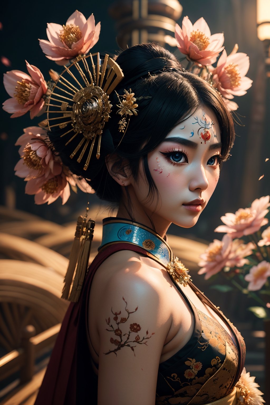 (best quality, 8K, ultra-detailed, masterpiece), (cinematic montage, traditional animation), Create a captivating 8K masterpiece that seamlessly blends the grace of a geisha with the aesthetics of futuristic robots. The geisha should wear intricate body-painting, featuring delicate flowers on her face, representing a unique fusion of tradition and innovation. Emulate the style of an appropriation artist, using cinematic montages and traditional animation techniques to convey a dynamic anime-inspired scene. Incorporate elements from schlieren photography to infuse an otherworldly, ethereal quality into the composition. This artwork should serve as a true masterpiece, offering a mesmerizing journey through the realms of art, culture, and technology.