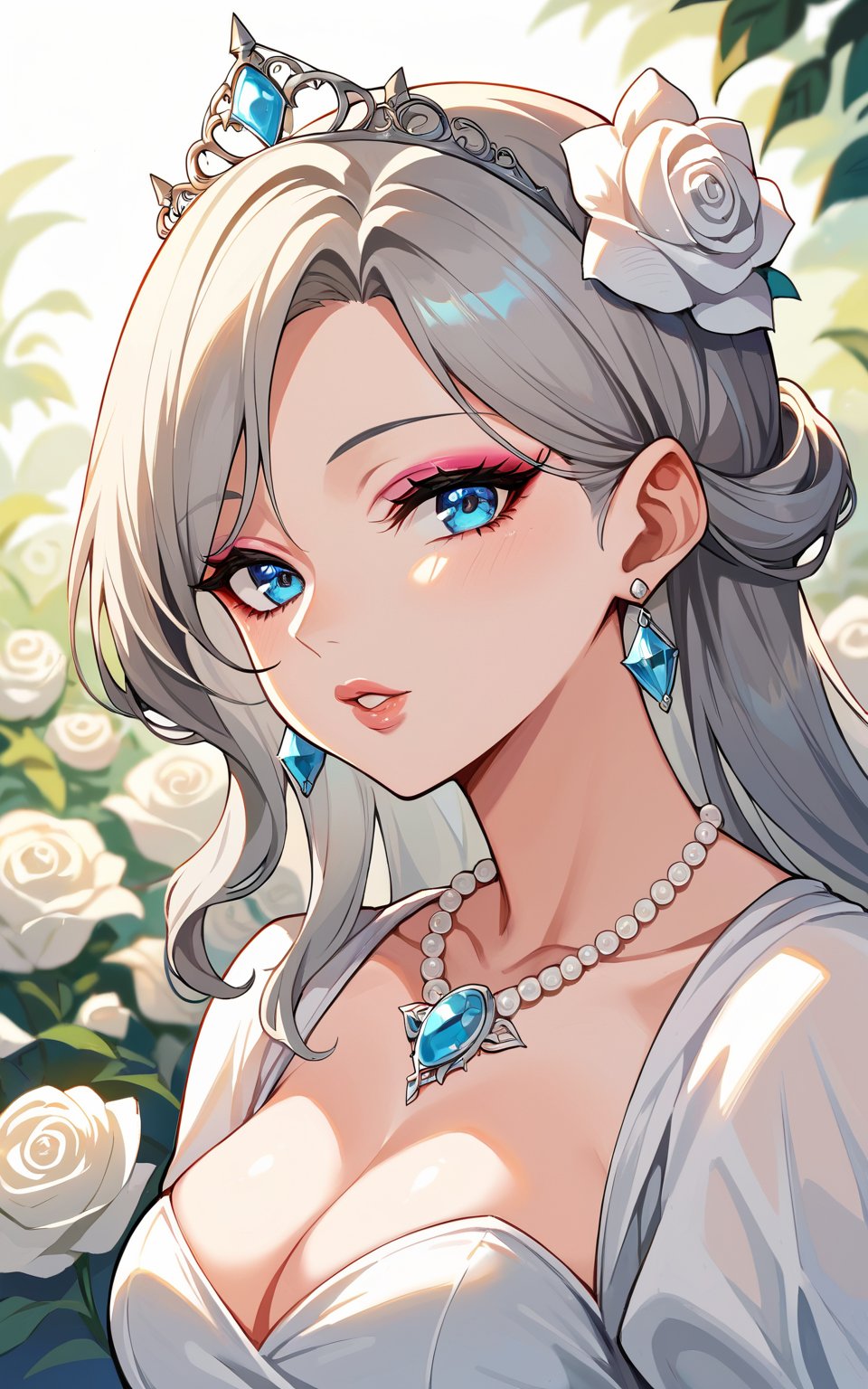 score_9,score_8_up,score_7_up, 1girl,looking at viewer,blue eyes,hair ornament,dress,jewelry,flower,grey hair,earrings,parted lips,necklace,white dress,lips,makeup,rose,tiara,white flower,gem,portrait,eyeshadow,white rose,pearl necklace