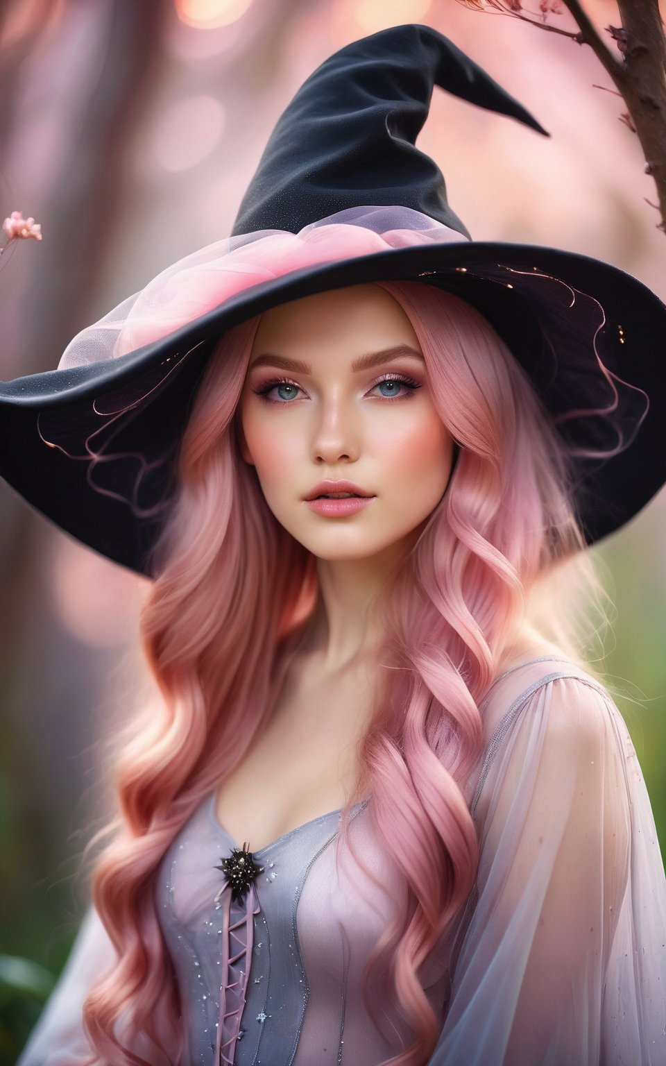 (best quality, 4K, 8K, high-resolution, masterpiece, ultra-detailed, photorealistic), portrait of a beautiful young woman, soft and dewy glowing skin, long flowing pink hair, wearing a witch hat, magical and enchanting atmosphere, gentle and serene expression, soft pink and pastel color palette, detailed facial features, bright and clear eyes, delicate makeup with subtle highlights, ethereal and mystical ambiance, elegant and refined appearance, modern fantasy art style, dreamy and whimsical setting, high attention to detail in textures and lighting.