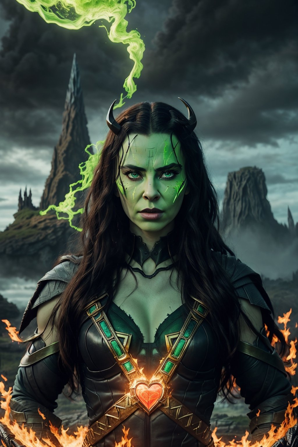 A breathtaking 4K ultra-realistic scene unfolds, (A furious and enraged Hela Asgard radiates a blazing green aura:1.3), Locked in a fierce clash against an overwhelmingly powerful adversary, (Set against the backdrop of Asgard city in all its majestic glory:1.3), Every detail meticulously rendered, from Hela's menacing presence to the intricate architecture of Asgard, creating a cinematic masterpiece that immerses you in the heart of the battle.