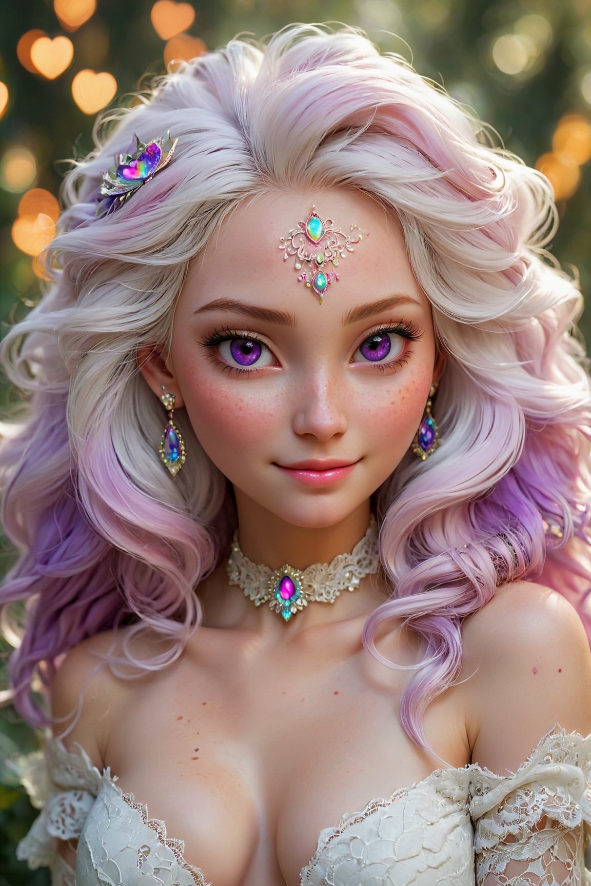 (best quality,8K,highres,masterpiece), ultra-detailed, (fantasy creature, super colorful), featuring a mesmerizing being with heart-shaped pupils, ethereal white hair, and enchanting purple eyes. Their cheeks are adorned with a gentle blush (blush:1.1), and they wear a captivating choker around their elegant neck. The upper body of this fantastical creature is adorned with a shimmering crop top that radiates love and happiness. A cheerful smile graces their face as they emanate an aura of joy and enchantment. Their lace attire and surroundings are a dazzling tapestry of vibrant colors and bokeh, creating a dreamlike atmosphere. Freckles (freckles:0.8) adorn their natural skin texture, adding a touch of uniqueness to their portrait. The scene is an explosion of fantastical hues, making this creature a living embodiment of a vivid and magical world.