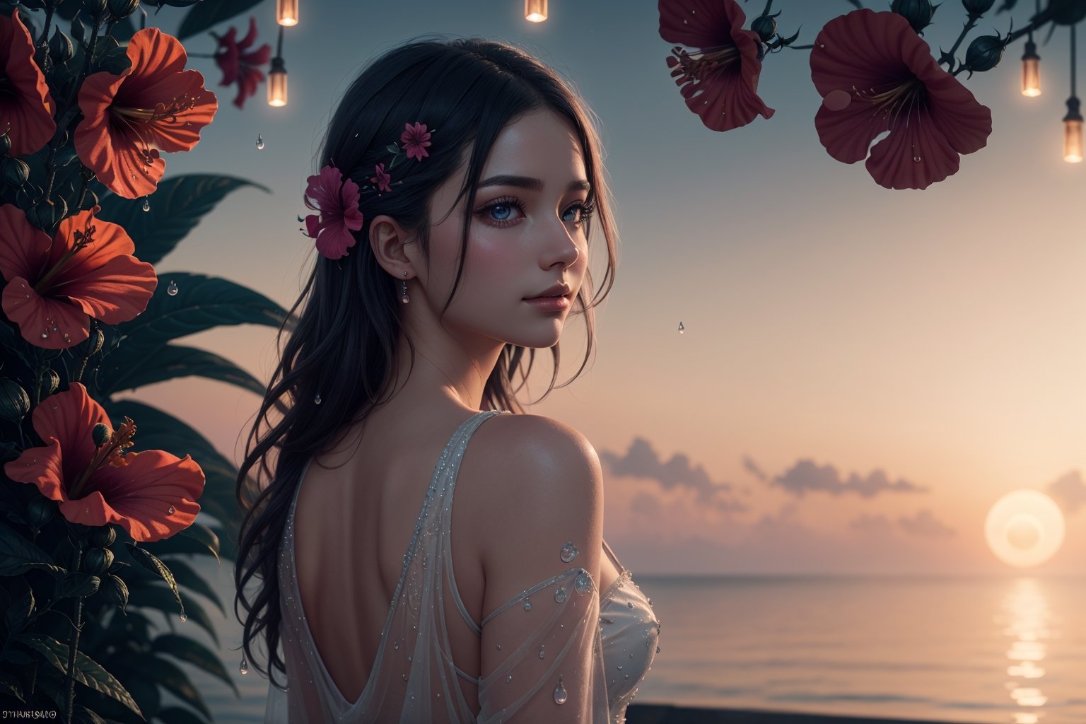 (best quality, 8K, ultra-detailed, masterpiece), (ultra-realistic, photorealistic), An enchanting 8K rendering of a hibiscus Moon adorned with delicate water drops, bathed in a mesmerizing neon glow, against a random background, capturing the ethereal beauty of a sunrise with a bokeh mood.