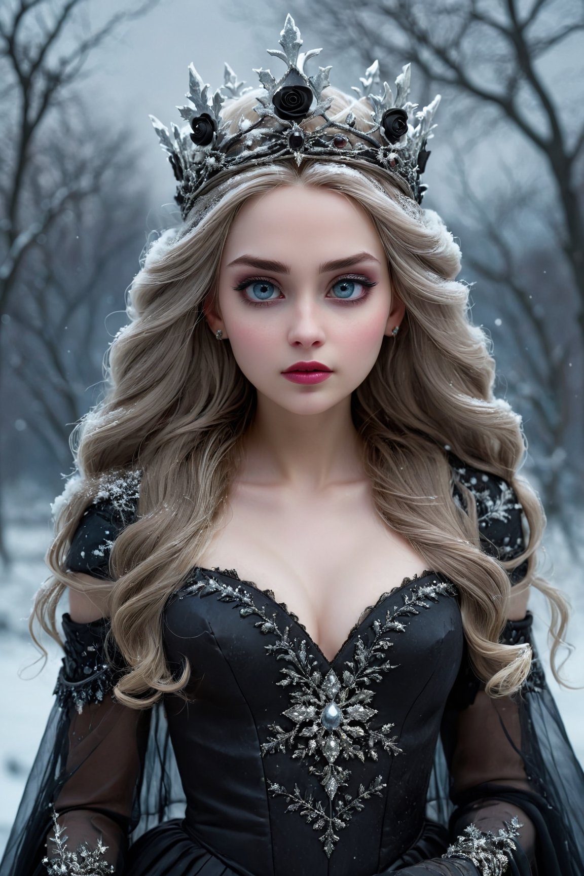 best quality,ultra-detailed,realistic,dark queen,snow,beautiful detailed eyes,long flowing hair,regal crown,dark makeup,pale skin,black dress,gloomy atmosphere,haunting shadows,mysterious,enchanted winter landscape,moonlight,queen's palace,ice crystals,frozen roses,ethereal beauty,cold breath,strong presence,stormy sky,ominous clouds,silent snowfall,glistening snowflakes,icy throne,winter spirit,drama and elegance,gothic art style,subtle color palette,luminous moonlight,soft candlelight,emotive lighting,contrasting highlights and shadows.