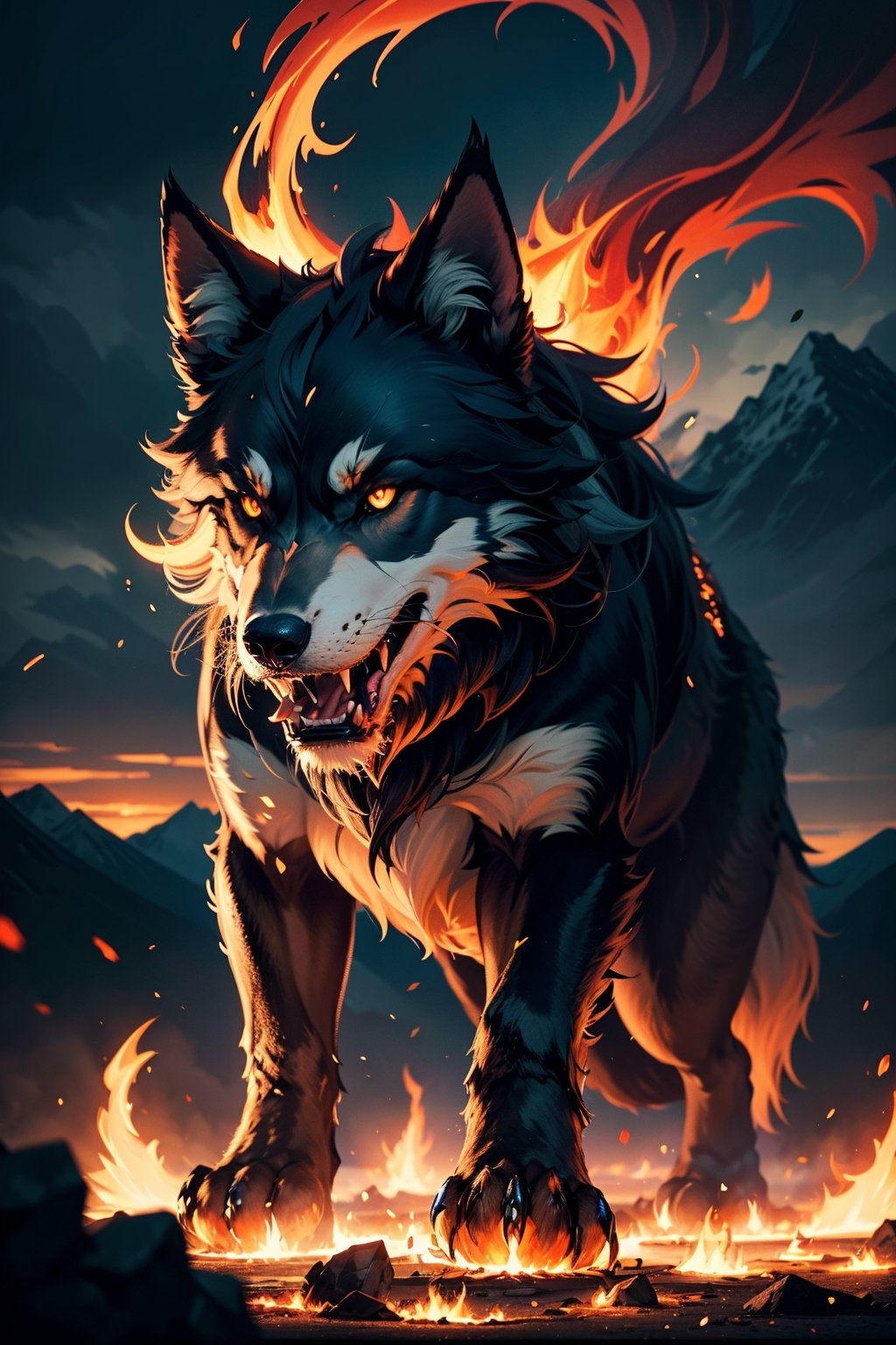(best quality, highres:1.2, ultra-detailed, photorealistic:1.37), giant wolf Fenrir, fire, mountains, protruding, broken shackles, chains hanging, red eyes, angry, realistic lighting, dark atmosphere, eerie shadows, menacing presence, glowing embers, powerful stance, epic landscape, smoke billowing, intense heat, growling, fierce expression, wild fur, towering silhouette, raging flames, ethereal glow, foreboding, untamed power