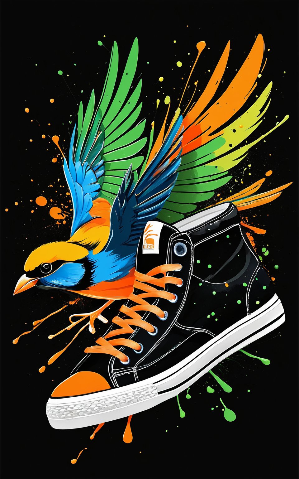 (Artistic bird illustration, high resolution, painted style, colored paint splatters), a [sneakers] depicted in a painted style with dynamic and vibrant paint splatters. The main colors are [orange] and [green], set against a [black] background. The artwork captures the lively essence of the [sneakers] through the use of bold paint splatters, creating a visually striking and energetic composition.