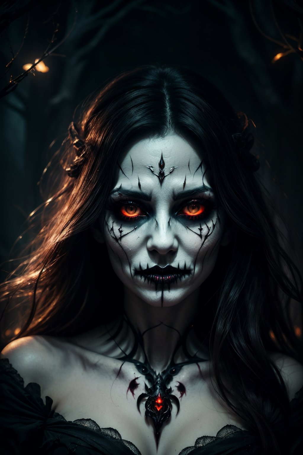 (best quality,4k,8k,highres,masterpiece:1.2),ultra-detailed,(realistic,photorealistic,photo-realistic:1.37),halloween, blood witcher, fair, hell, skeleton, vampire, demon, blood demon, spooky, creepy, fancy costume, dangers look, close-up, portrait, dark forest, misty atmosphere, glowing eyes, pale skin, smoke effects, moonlight, eerie shadows, sinister grin, gothic elements, haunting presence, mystical aura, enchanting beauty, macabre elegance, otherworldly charm, hair flowing in the wind, intense stare, blood-red lips, ethereal lighting, mysterious background, ominous fog, witchcraft symbols, supernatural powers, hauntingly beautiful, chilling vibes, menacing atmosphere, twisted branches, tangled vines, eerie silence, bone-chilling expression, ghostly appearance, piercing gaze, hauntingly pale complexion, secret incantations, unearthly presence, mystical transformations, spectral energy, supernatural allure, blood-stained garments, hair standing on end, spine-tingling sensation, sinister enchantress, midnight rituals
