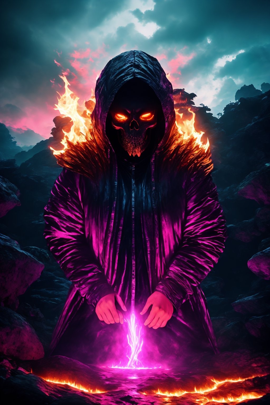 (High quality, UHD, strong highlights), (vibrant volumetric pink lighting, Luminous Studio graphics engine), A surreal and high-resolution UHD scene emerges with strong highlights, bathed in vibrant volumetric pink lighting from the Luminous Studio graphics engine. In the center, a mysterious figure with a skull, burning eyes, and a fiery mouth stands beside a bioluminescent river waterfall, casting a fantasy-like glow on the surroundings.