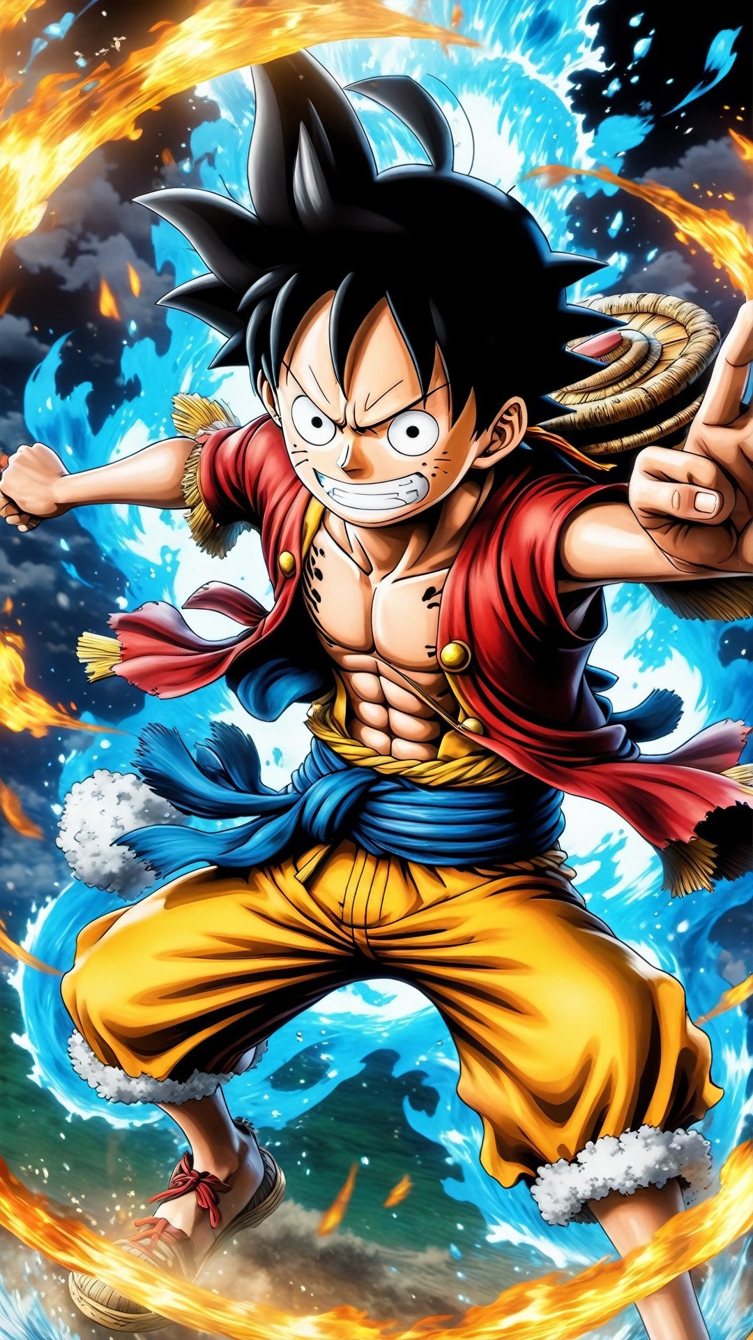 Design a stylized representation of Luffy in his ((Gear form)), infused with the elemental fury of nature. Surround him with a swirling maelstrom of energy, each element personified in the form of fire, water, earth, and air. Craft the artwork in a ((cinematic short)) format to accentuate the elemental chaos. Utilize a wide ((dynamic range)) to illuminate the vivid colors and intricate elemental details. Experiment with a ((dynamic viewing angle)) to emphasize Luffy's mastery over these forces. Render the image in an impressive ((8K)) resolution with a ((16-bit color)) palette, capturing the dynamic interplay of elements and Luffy's commanding presence.