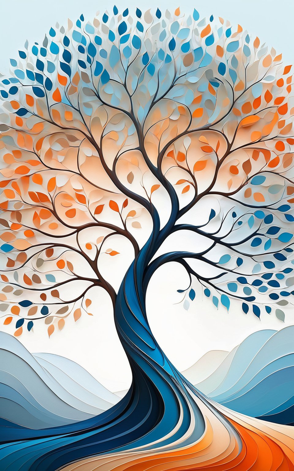 (high quality, digital art, abstract landscape, muted colors, minimalistic), a stylized tree with an intricate trunk, large and swirling abstract foliage in shades of blue, orange, and white, impressionistic and painterly style, serene and calm atmosphere, smooth and flowing brushstrokes, high contrast, subtle gradient background, ethereal and artistic ambiance, creative and unique composition, high resolution, detailed textures, mesmerizing and captivating design