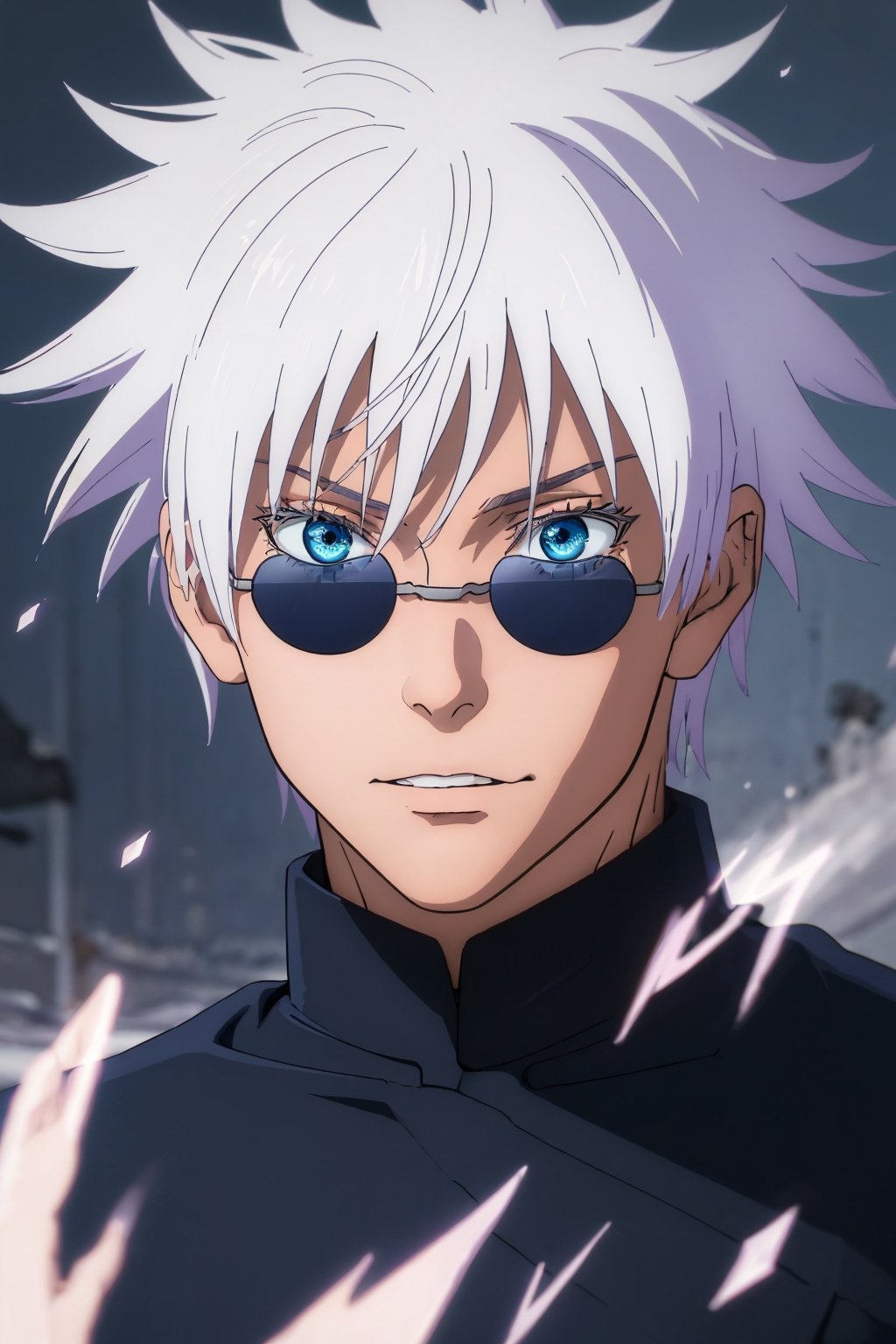 (best quality,4k,8k,highres,masterpiece:1.2),ultra-detailed,(realistic,photorealistic,photo-realistic:1.37),jujutsu Kaisen, Satoru Gojo, intense gaze,fierce expression,dark purple shirt,bright white hair,curly hair,wide-brimmed hat,exclusive black sunglasses,multiple piercing eyes,striking presence,wide grin,strong facial features,aura of power,lit glow behind sunglasses,action-packed scene,anime portraiture,sharp focus,expressive brushstrokes,vibrant colors,contrasting tones,magical energy,electric blue atmosphere,mysterious dark background+lightning,controlled chaos,spellbinding charisma,shimmering crimson domain,dynamic movement,hovering sakura petals,evocative lighting,mesmerizing power,eye-catching visual spectacle