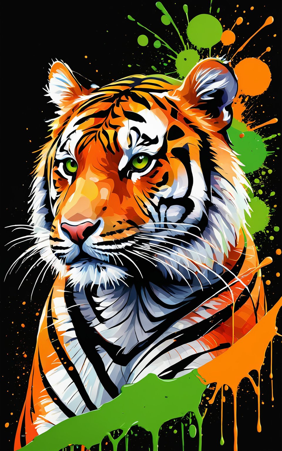 (Artistic bird illustration, high resolution, painted style, colored paint splatters), a [Tigger] depicted in a painted style with dynamic and vibrant paint splatters. The main colors are [orange] and [green], set against a [black] background. The artwork captures the lively essence of the [Tigger] through the use of bold paint splatters, creating a visually striking and energetic composition.