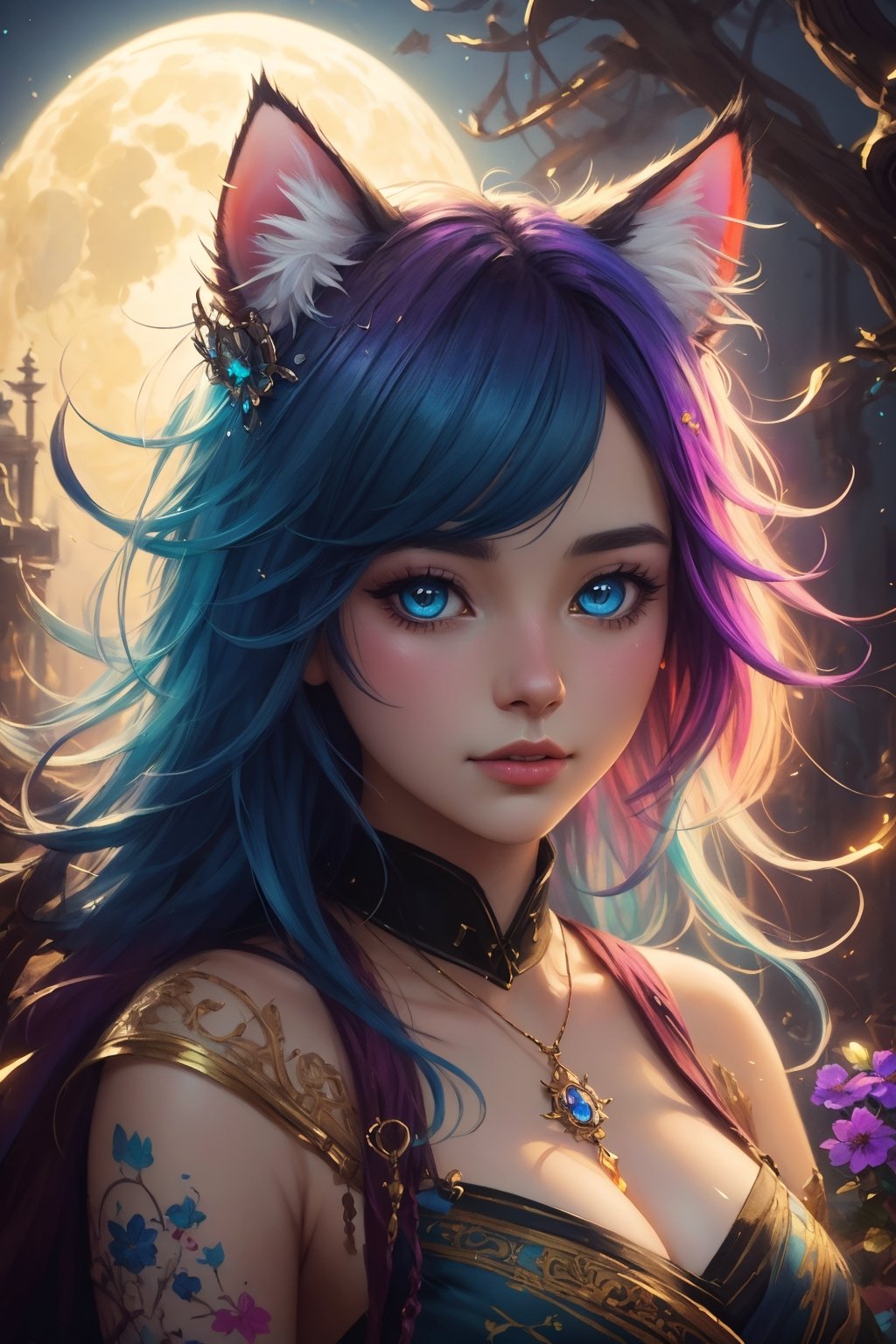 (best quality, highly detailed, digital painting), (centered, sharp focus), An artful masterpiece portraying a cat exuding abstract beauty, its mesmerizing gaze centered and locked onto the camera, bathed in the ethereal glow of moonlight, adorned with psychedelic colors, and rendered with smooth precision. This illustration draws inspiration from the artistic styles of Carne Griffiths and Wadim Kashin, making it a unique concept art for ArtStation.