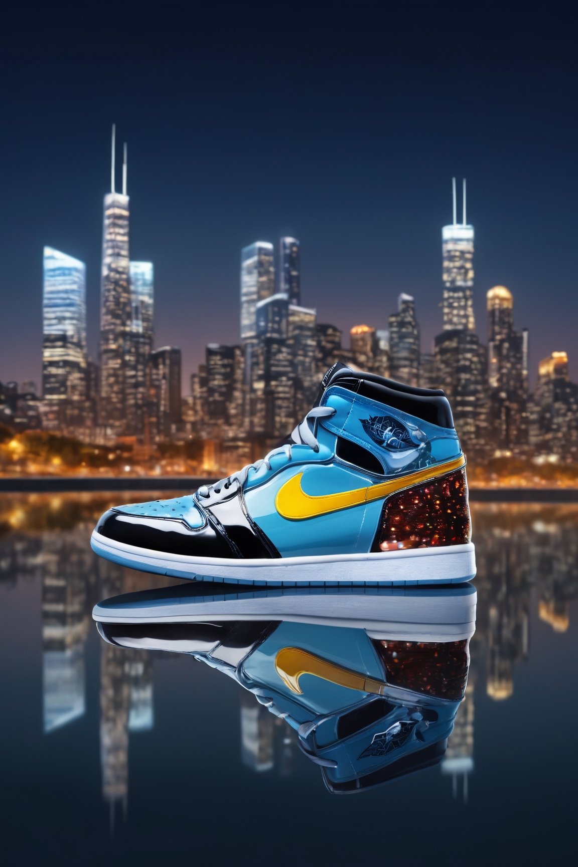 (best quality,8K,highres,masterpiece), ultra-detailed,showcasing the design concept of sneakers in an outdoor setting at night, with the sky overhead and water reflecting the city lights. The sneakers are positioned on a street, with a blurred background that includes buildings and cityscape elements, adding depth to the scene. The use of depth of field enhances the focus on the sneakers while creating a sense of immersion in the urban environment. The reflection of the sneakers on the water's surface adds visual interest and realism, contributing to the overall ambiance of the artwork. This illustration captures the fusion of style and functionality in sneaker design, set against the dynamic backdrop of a bustling city at night.