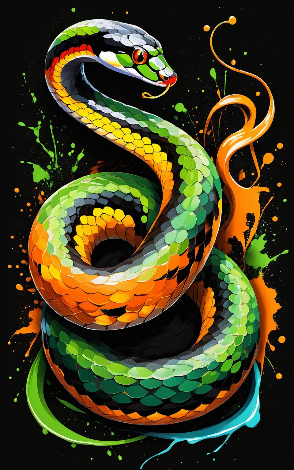 (Artistic bird illustration, high resolution, painted style, colored paint splatters), a [Snake] depicted in a painted style with dynamic and vibrant paint splatters. The main colors are [orange] and [green], set against a [black] background. The artwork captures the lively essence of the [Snake] through the use of bold paint splatters, creating a visually striking and energetic composition.