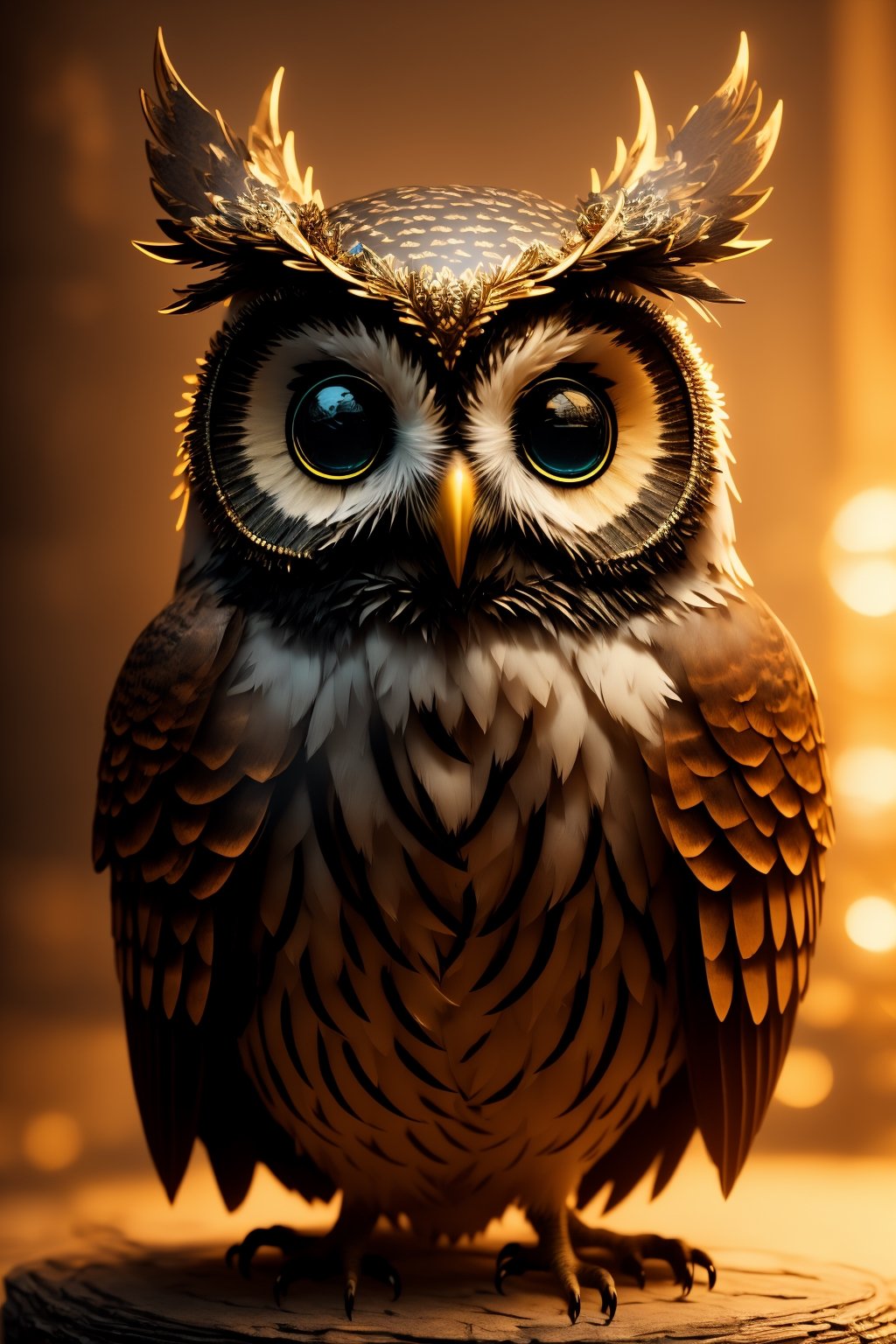 (best quality, 3D, high-res), (cinematic lighting, octane render), Behold a stunning 3D masterpiece featuring an intricately detailed owl with a decorative headdress, illuminated by cinematic lighting, and rendered with the exquisite precision of Octane Render.