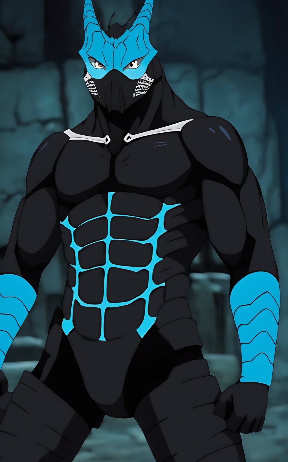 Kaiju No. 8, kafka hibino kaiju form in a black armor bodysuit with blue light coming out of his arms and legs
