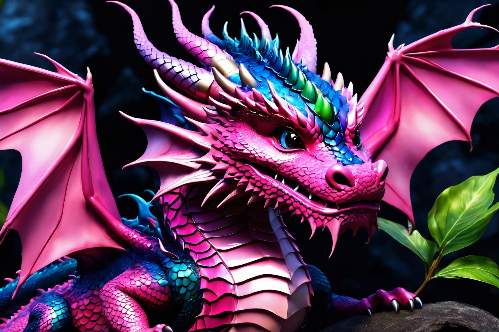 (best quality,8K,highres,masterpiece), ultra-detailed, (super colorful, pink dragon face), featuring the delightful and vibrant visage of a baby dragon. This enchanting dragon, with a cheerful smile, captivates the viewer as it gazes directly into their eyes. The background is a simple yet vivid white, accentuating the dragon's presence. Its expressive eyes, composed of deep black, are surrounded by a dazzling array of shades of pink that adorn its face, creating a mesmerizing and harmonious display of color. The dragon's distinctive features, including its unique head wings, fuse seamlessly into this radiant and fantastical portrayal of a pink dragon's face.