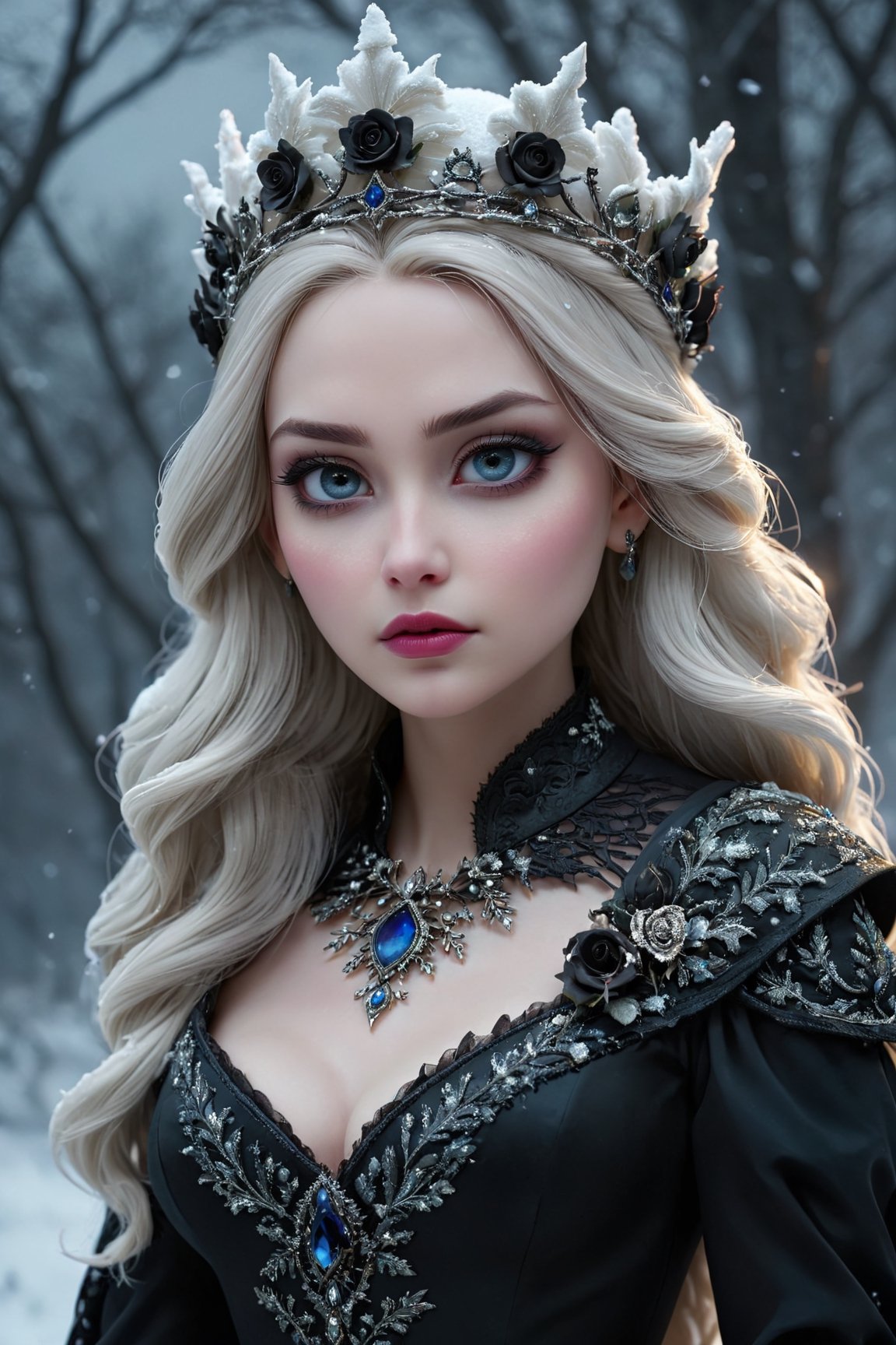 best quality,ultra-detailed,realistic,dark queen,snow,beautiful detailed eyes,long flowing hair,regal crown,dark makeup,pale skin,black dress,gloomy atmosphere,haunting shadows,mysterious,enchanted winter landscape,moonlight,queen's palace,ice crystals,frozen roses,ethereal beauty,cold breath,strong presence,stormy sky,ominous clouds,silent snowfall,glistening snowflakes,icy throne,winter spirit,drama and elegance,gothic art style,subtle color palette,luminous moonlight,soft candlelight,emotive lighting,contrasting highlights and shadows.