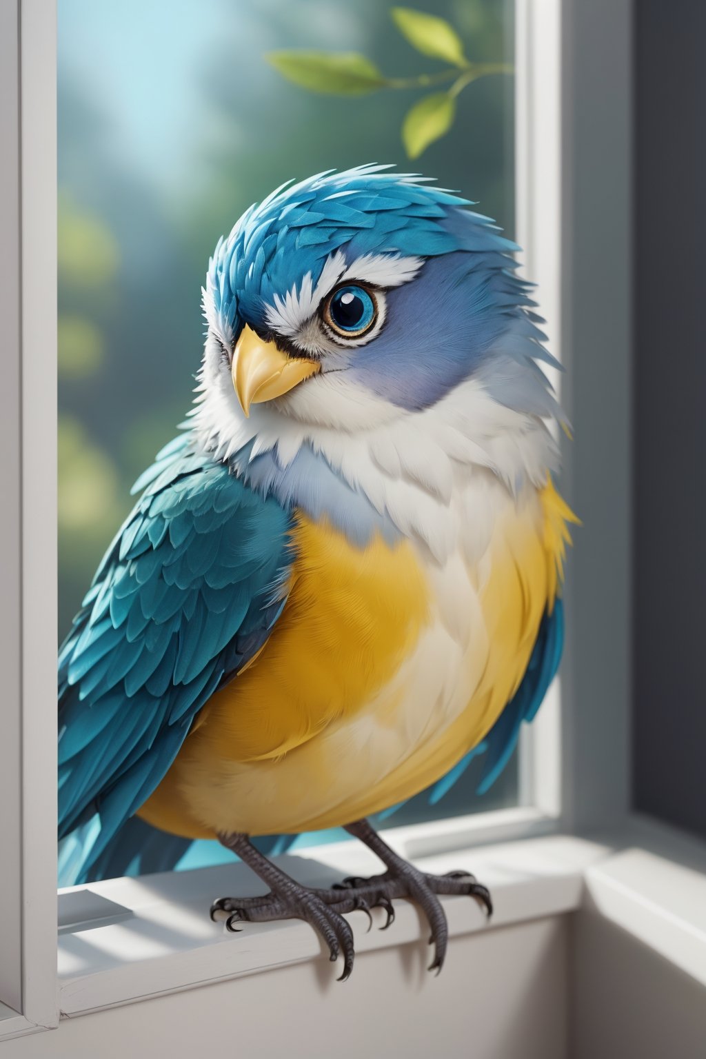 (best quality, hyper-realistic, 8K, ultra HD), (Pixar style, Disney style, Cinema 4D), Create a stunning 8K ultra HD illustration that brings Benny, a small bird with bright blue feathers and a melodious voice, to life. Render Benny in a hyper-realistic style, paying homage to both Pixar and Disney's iconic animation styles, using the power of Cinema 4D to capture every intricate detail of this charming character perched gracefully on a windowsill.