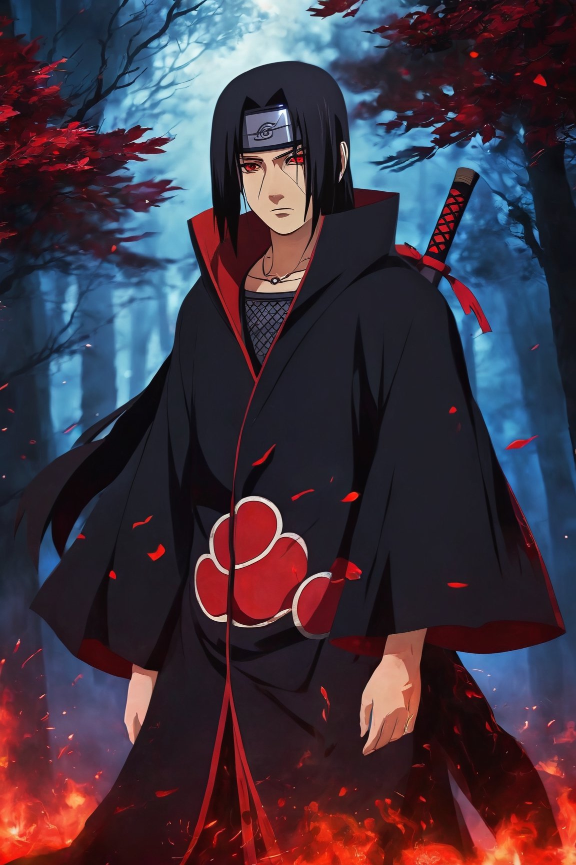 (best quality,4k,8k,highres,masterpiece:1.2),ultra-detailed,(realistic,photorealistic,photo-realistic:1.37),portrait,Itachi Uchiha,red eyes and bloodshot eyes,dark, brooding expression,black hair,headband with a leaf village symbol,pale complexion,sharingan eye,Infinite Tsukuyomi background,samurai armor,akatsuki cloak,uchiwa fan,mysterious aura,nighttime scene,vengeful and determined look,cold and calculating demeanour,subtle smoke and shadows,powerful and intense gaze,twisting and swirling black flames,moonlit sky,eye-catching contrast of light and darkness,sharp and defined facial features,piercing gaze,faint smirk,blood splatters on the face,ominous and menacing atmosphere,exquisite detailing,meticulously rendered textures,subtle variations of light and shadow,impressive artistry,realistically portrayed emotions,vivid and saturated colors,dramatic and dynamic composition,hint of magical energy,background filled with dark clouds and lightning,attention to minute details,skilled use of light and reflection,depth and dimensionality to the image,impressive rendering of Itachi's attire and accessories,perfect replication of Itachi's unique appearance,convincing portrayal of his strong personality.