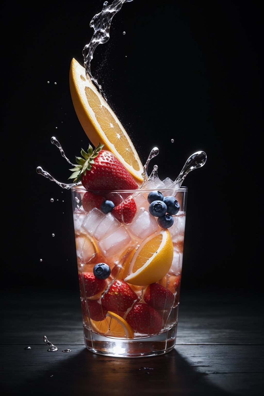 (Cinematic Photo:1.3) of (Realistic:1.3) a studio shot of a (exploding:0.2) (Fruit in low gravity:1.1) (Splashing:0.9) a glass of water with strawberries, oranges and blueberries in it, splash image, full-color, on a canva, splashes of liquid, drinks, a fruit basket, strong red hue, hgh, evokes delight, water swirling, by Fred Marcellino, top selection on unsplash, professional food photography, art photography. black background