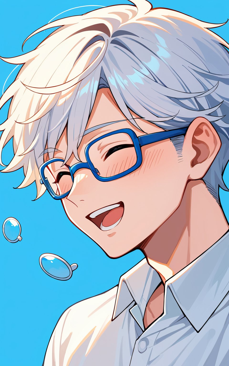 score_9,score_8_up,score_7_up, blush,smile,short hair,open mouth,shirt,1boy,closed eyes,white shirt,white hair,male focus,glasses,teeth,blue background,wind,portrait,blue-framed eyewear